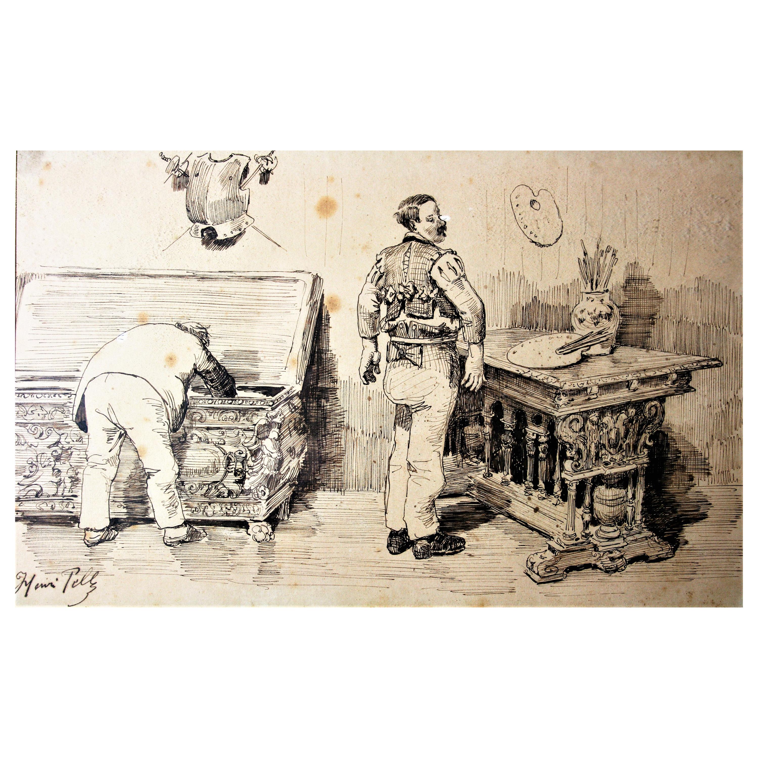 Henri Pille "Das Atelier des Künstlers", Tuschefeder auf Papier, 19. Jahrhundert
