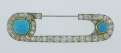Henri Piquet Turquoise Diamond Platinum Pin Brooch Clip