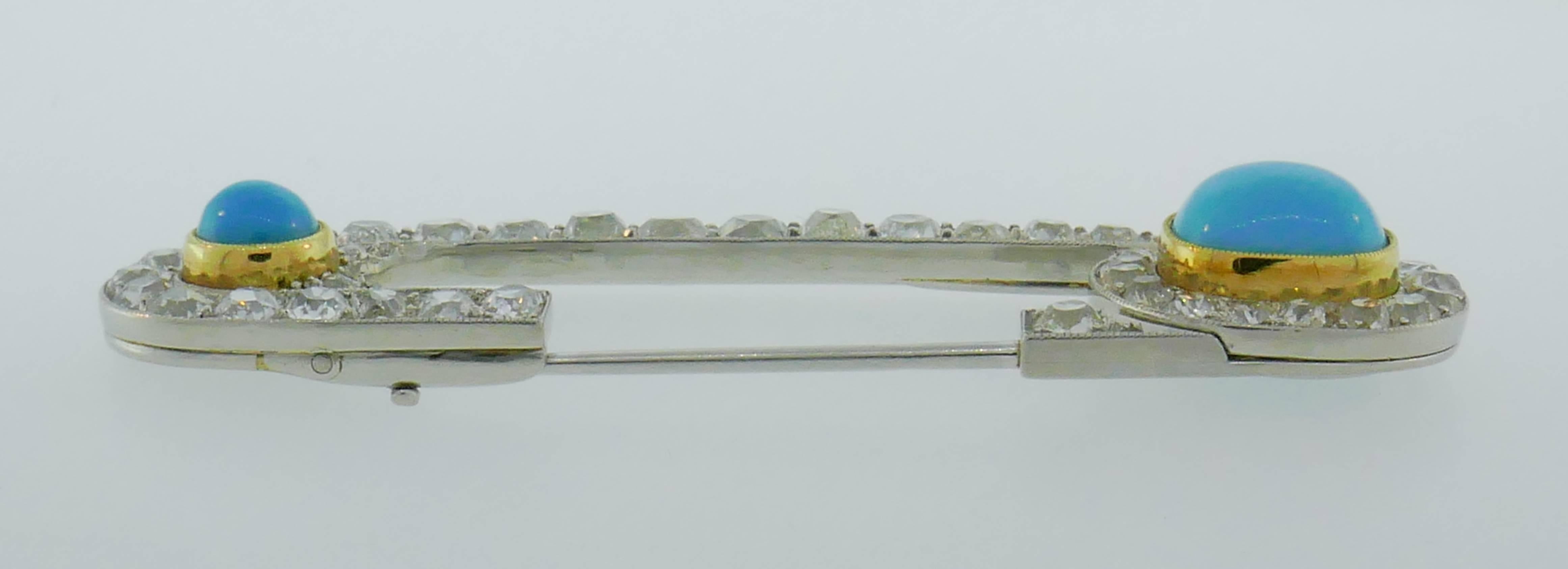 Henri Piquet Turquoise Diamond Platinum Pin Brooch Clip In Excellent Condition For Sale In Beverly Hills, CA