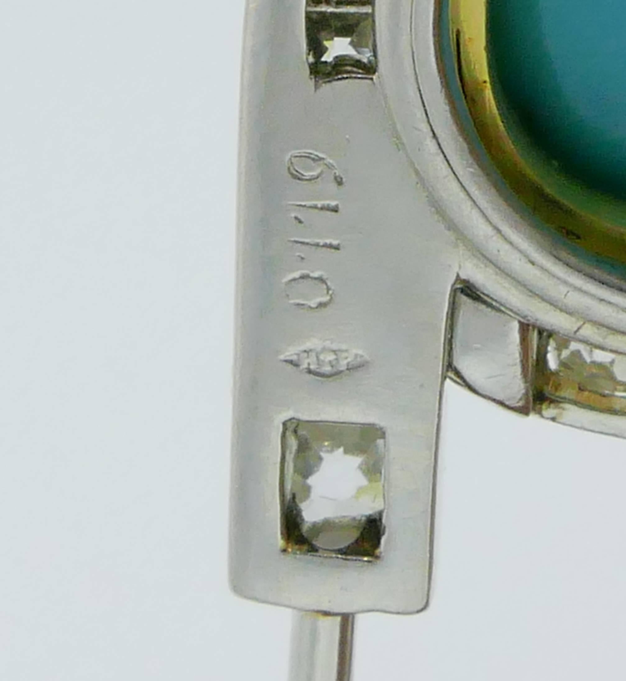 Henri Piquet Turquoise Diamond Platinum Pin Brooch Clip For Sale 1