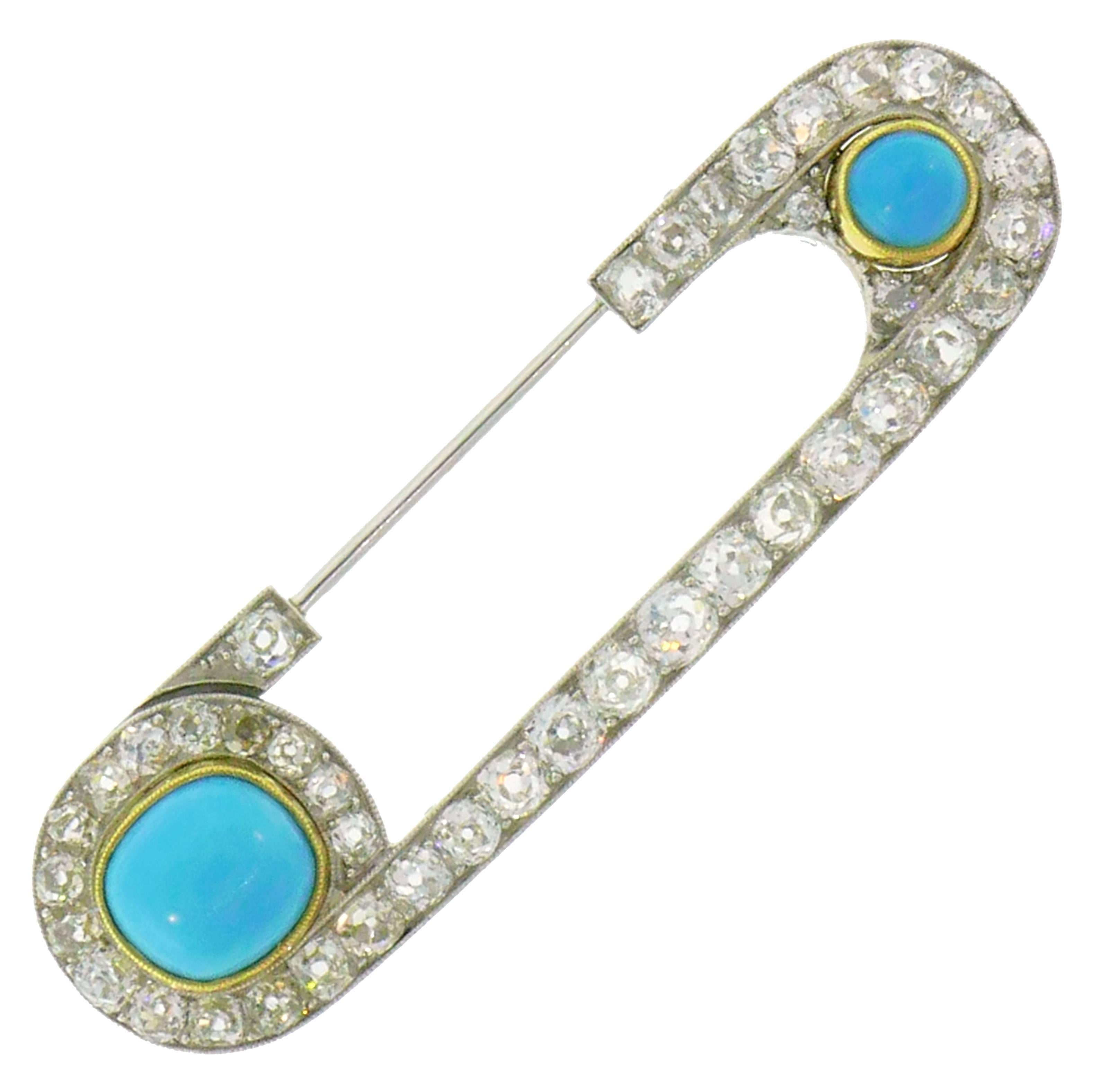 Henri Piquet Turquoise Diamond Platinum Pin Brooch Clip For Sale