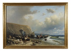 19th Century Seascape Henri Place Signed Mare Fishermen Oil on Canvas White Blue