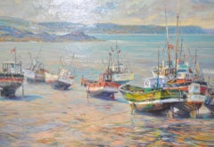 Henri Plisson 'francese' "Scena costiera" Olio originale su tela, circa 1970