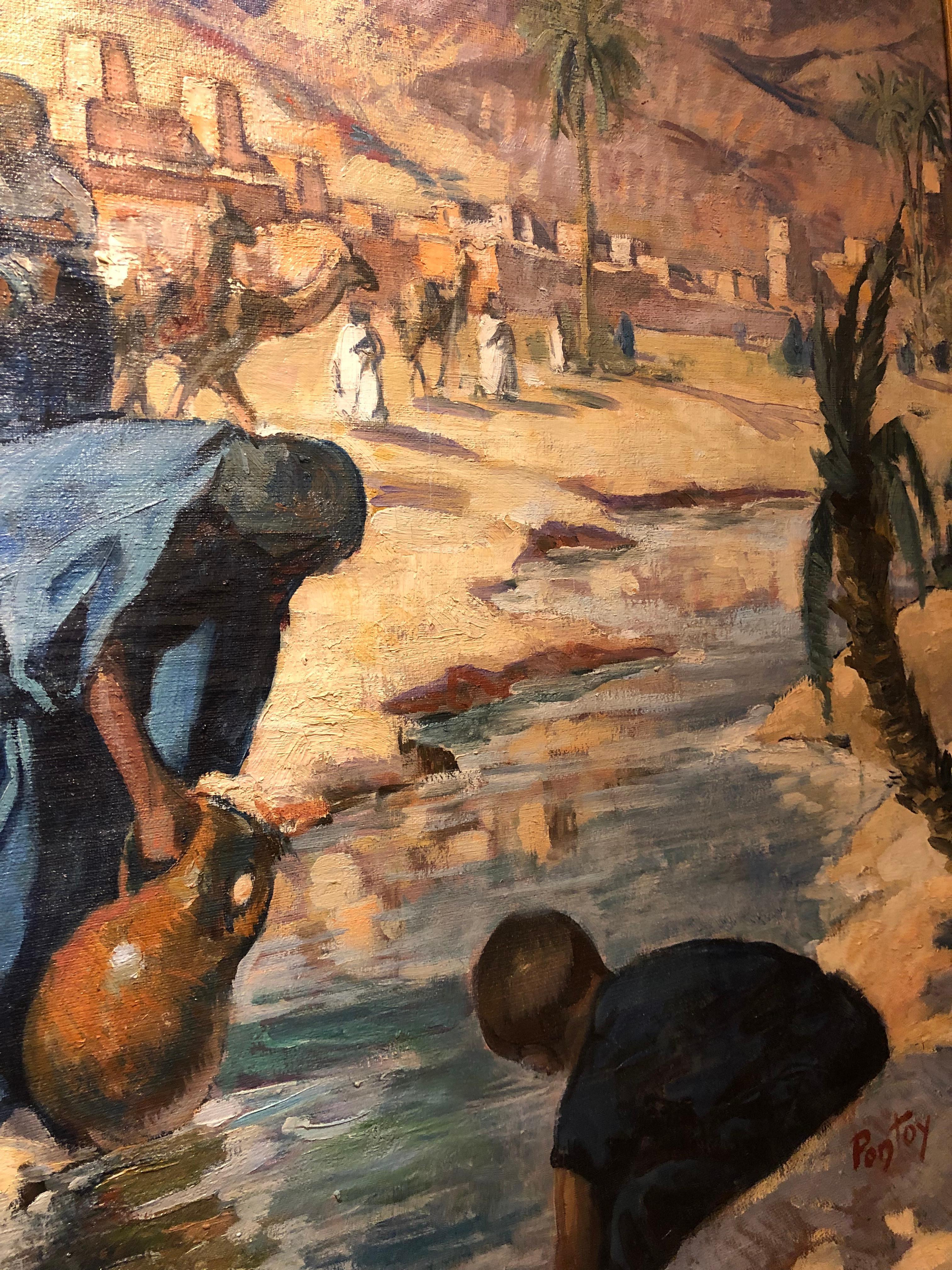 Porteuses d’eau à la Rivière, Vallée du Ghéris, Maroc  - Gray Landscape Painting by Henri Pontoy