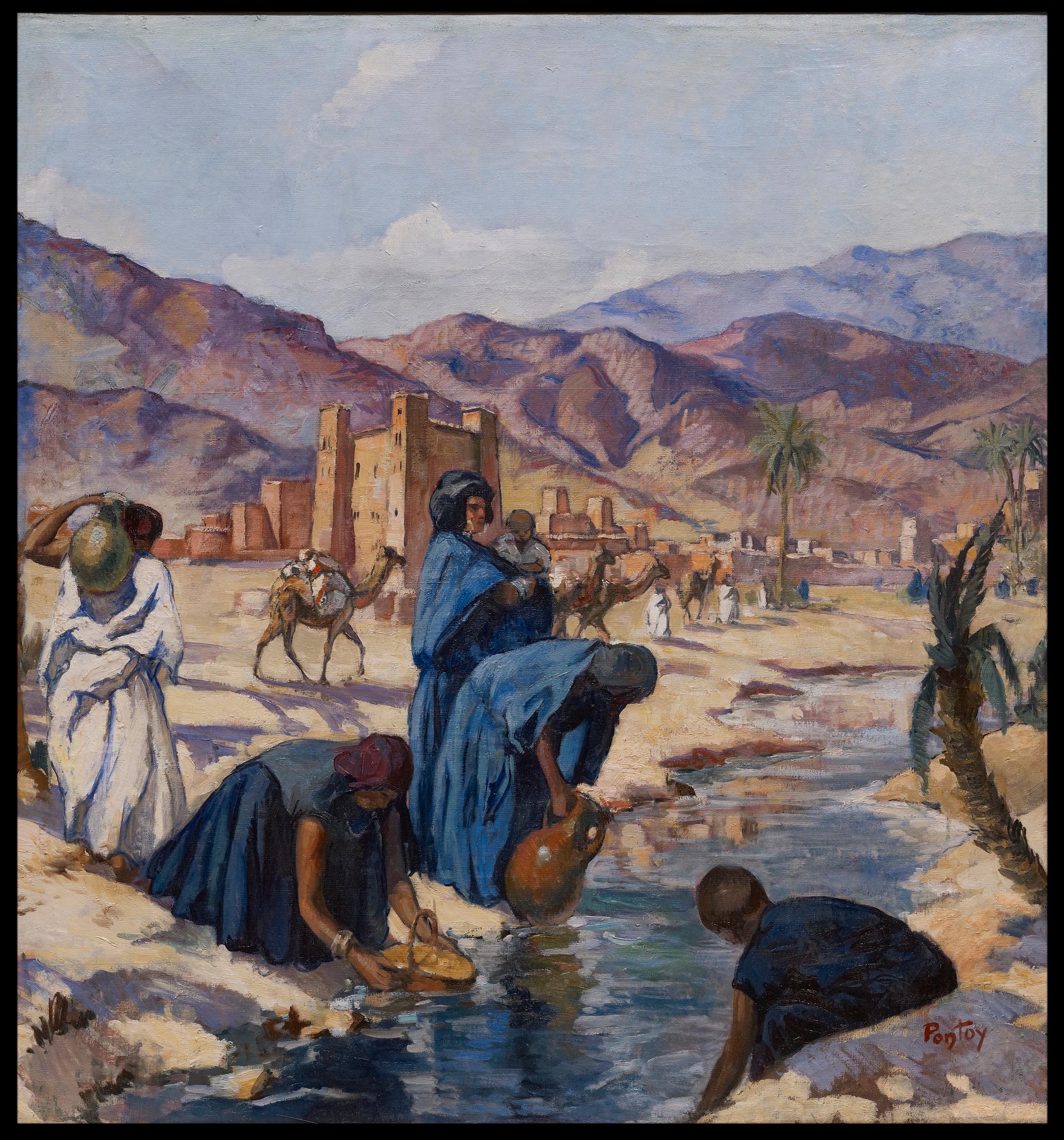 Henri Pontoy Landscape Painting - Porteuses d’eau à la Rivière, Vallée du Ghéris, Maroc 