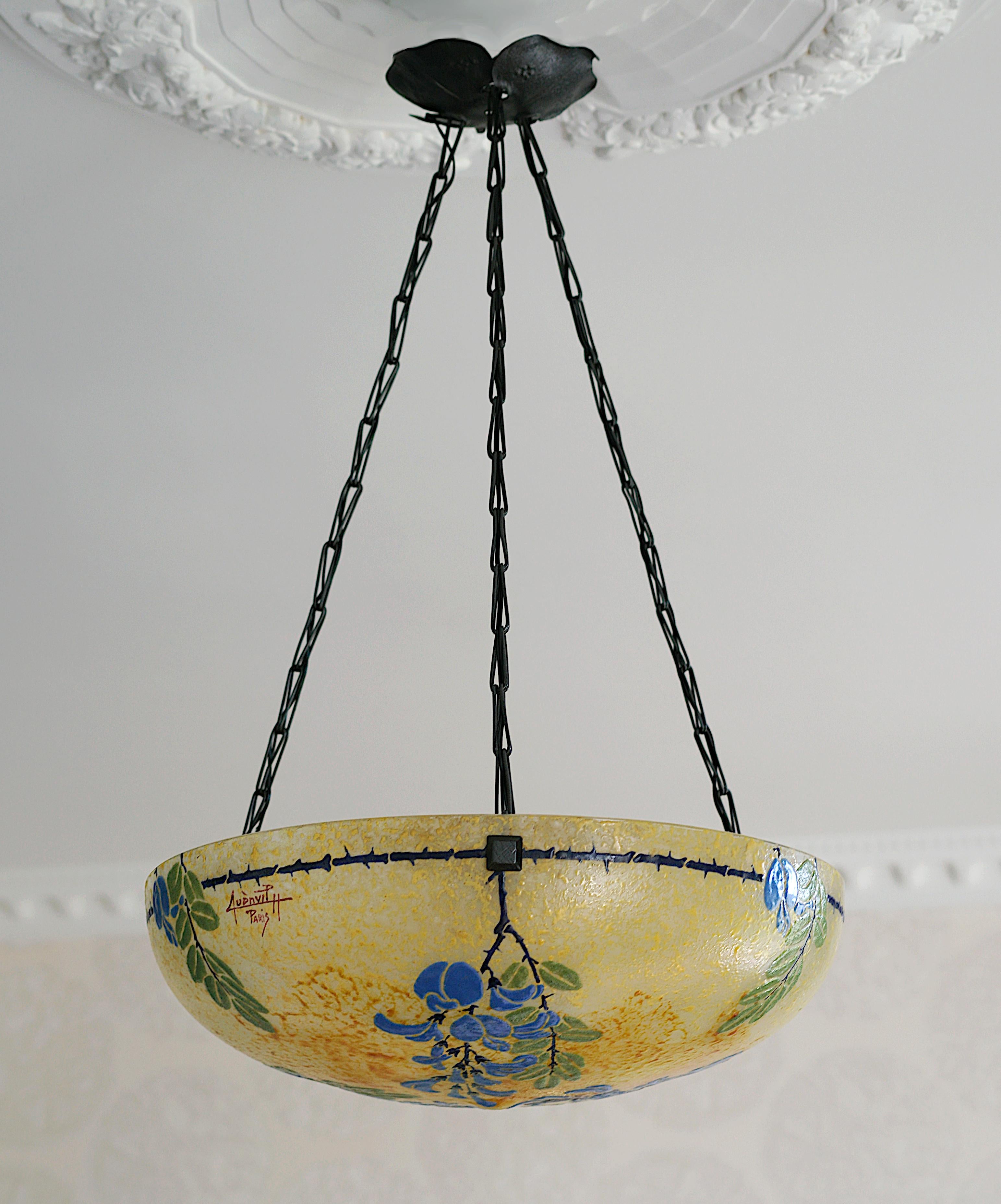 Early 20th Century Henri Quenvil French Art Deco Enameled Pendant Chandelier, 1920 For Sale
