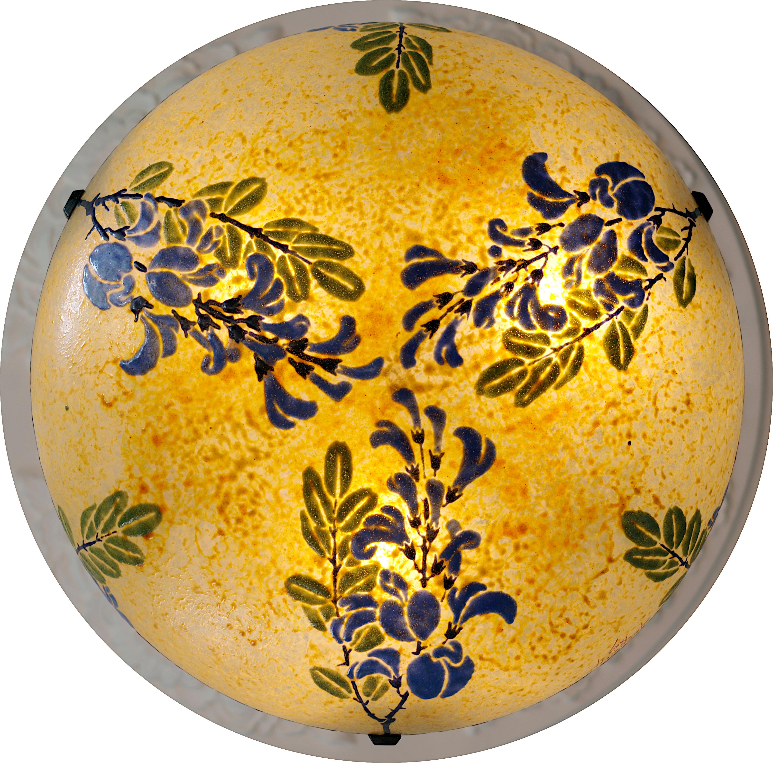 Glass Henri Quenvil French Art Deco Enameled Pendant Chandelier, 1920 For Sale