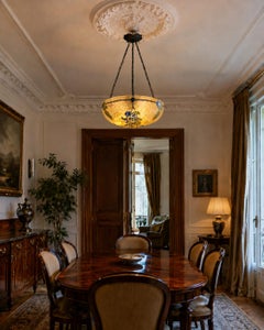 Henri Quenvil Raro lampadario a sospensione smaltato Art Deco, 1920