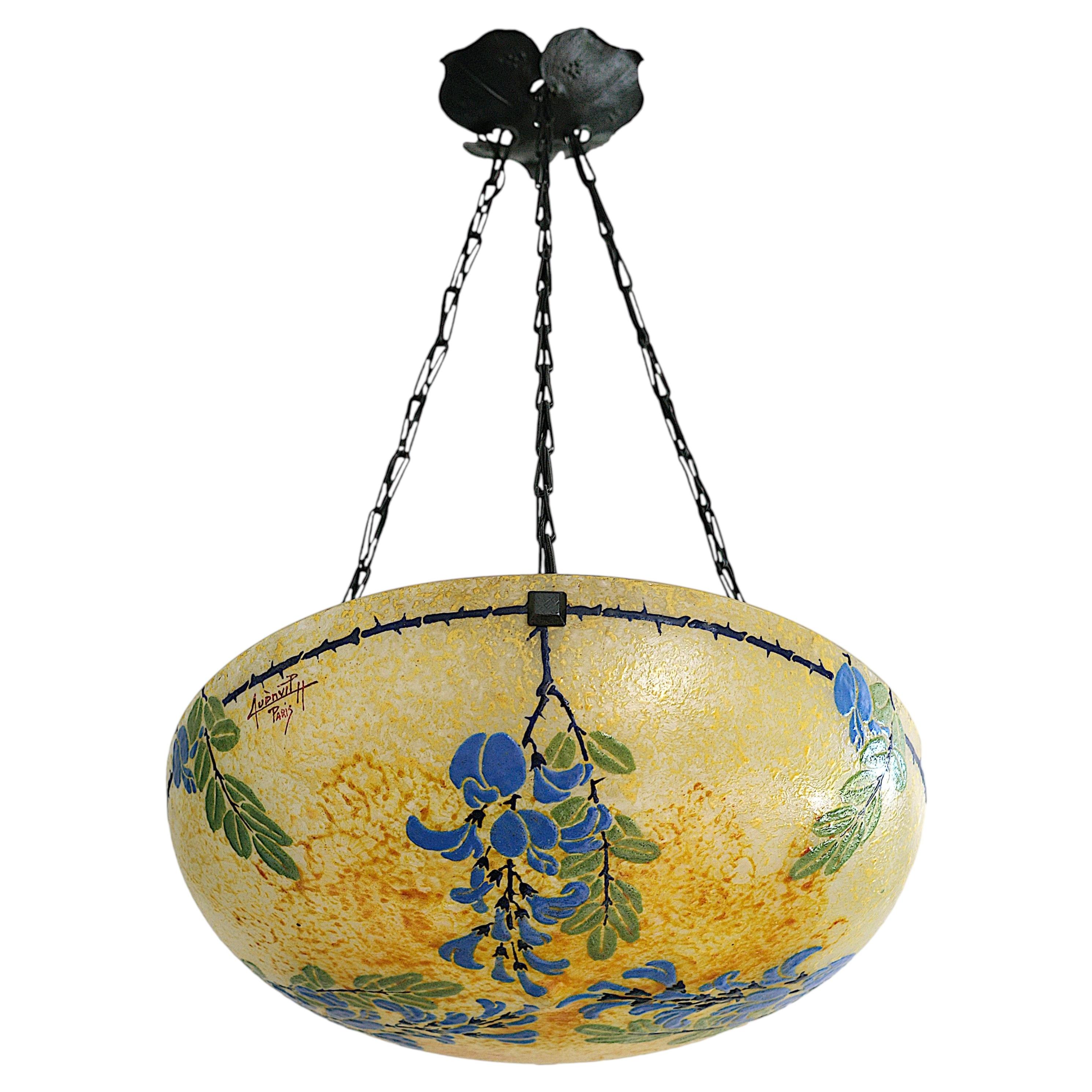 Henri Quenvil Rare Art Deco Enameled Pendant Chandelier, 1920 For Sale
