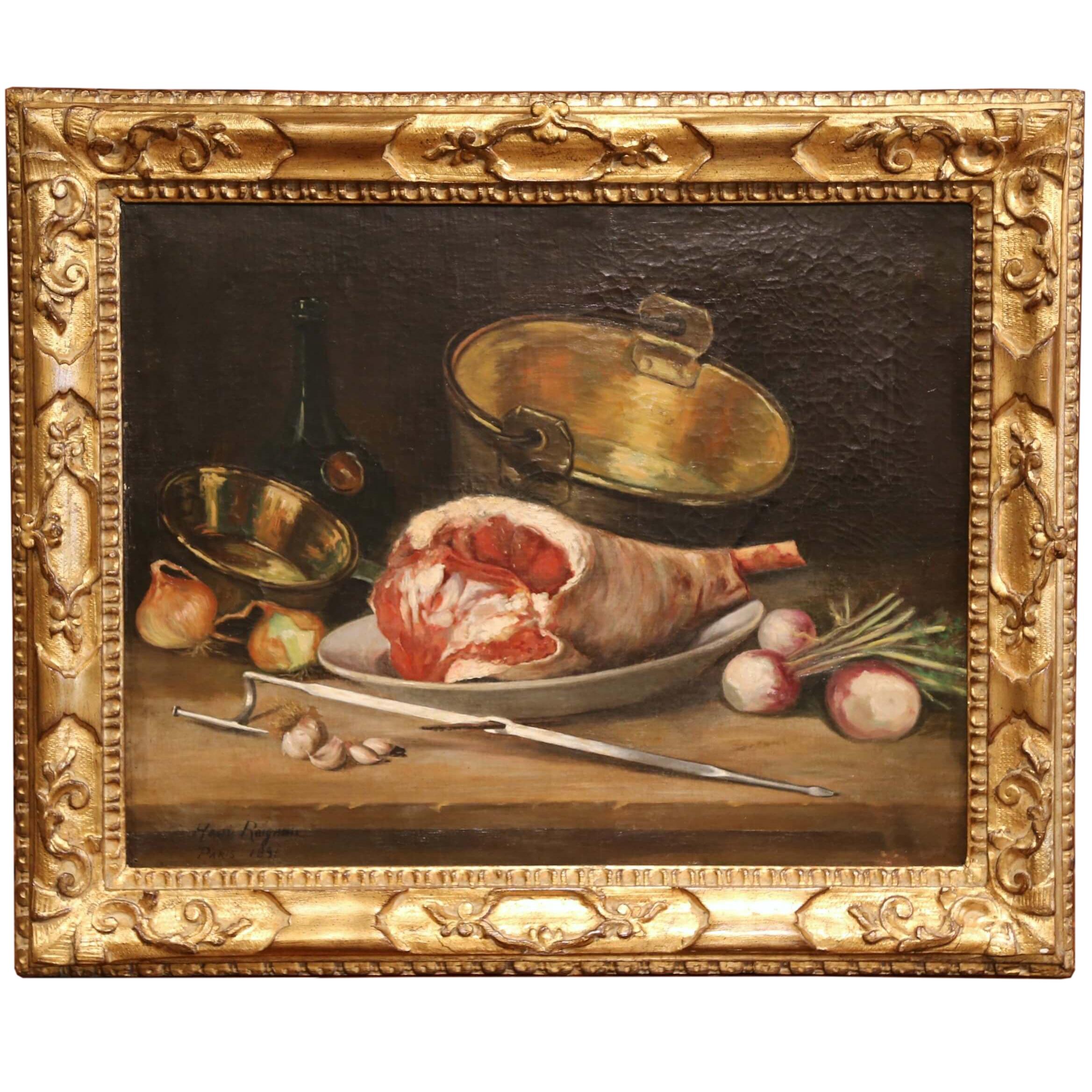 Henri Raignesse Still-Life Painting - 19th Century French Oil Still Life Painting in Gilt Frame Signed and Dated 1897