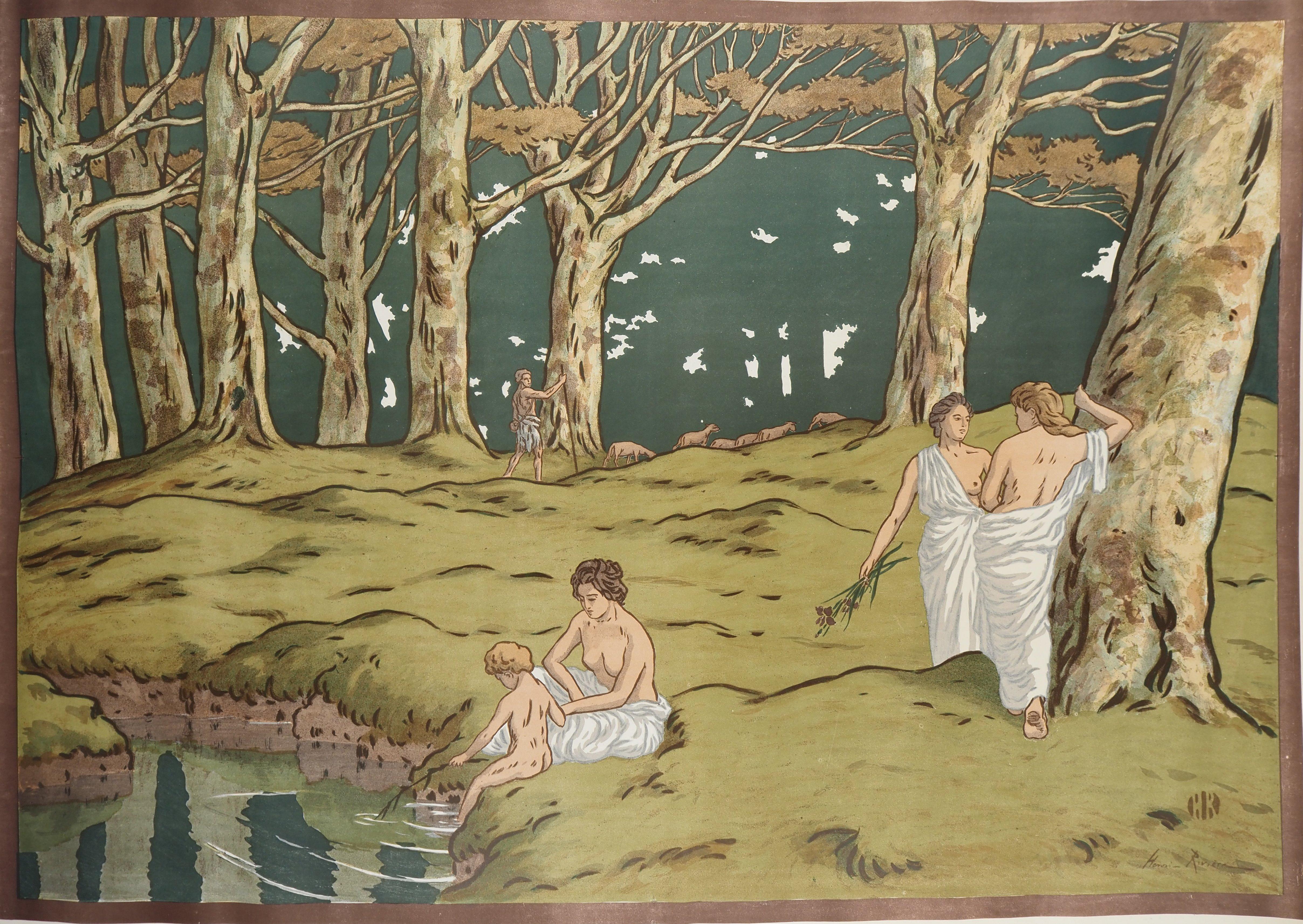 Art Nouveau: Età dell'oro, Vita tranquilla nella foresta - litografia originale - Landscape Print Marrone di Henri Riviere