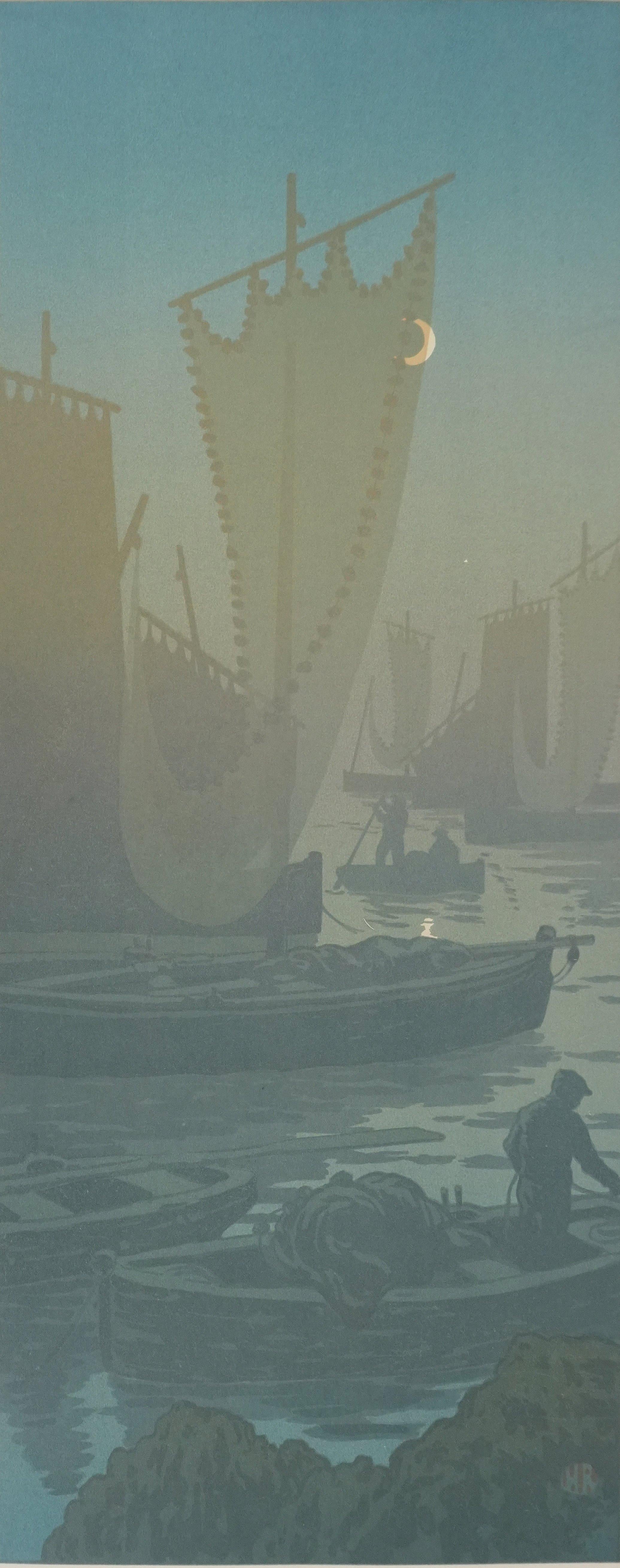 Jugendstil : Segelboote mit erstem Viertelmond - Original-Lithographie – Print von Henri Riviere