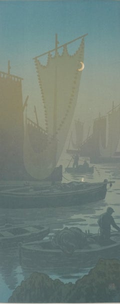 Art Nouveau: Barche a vela con luna al primo quarto - litografia originale