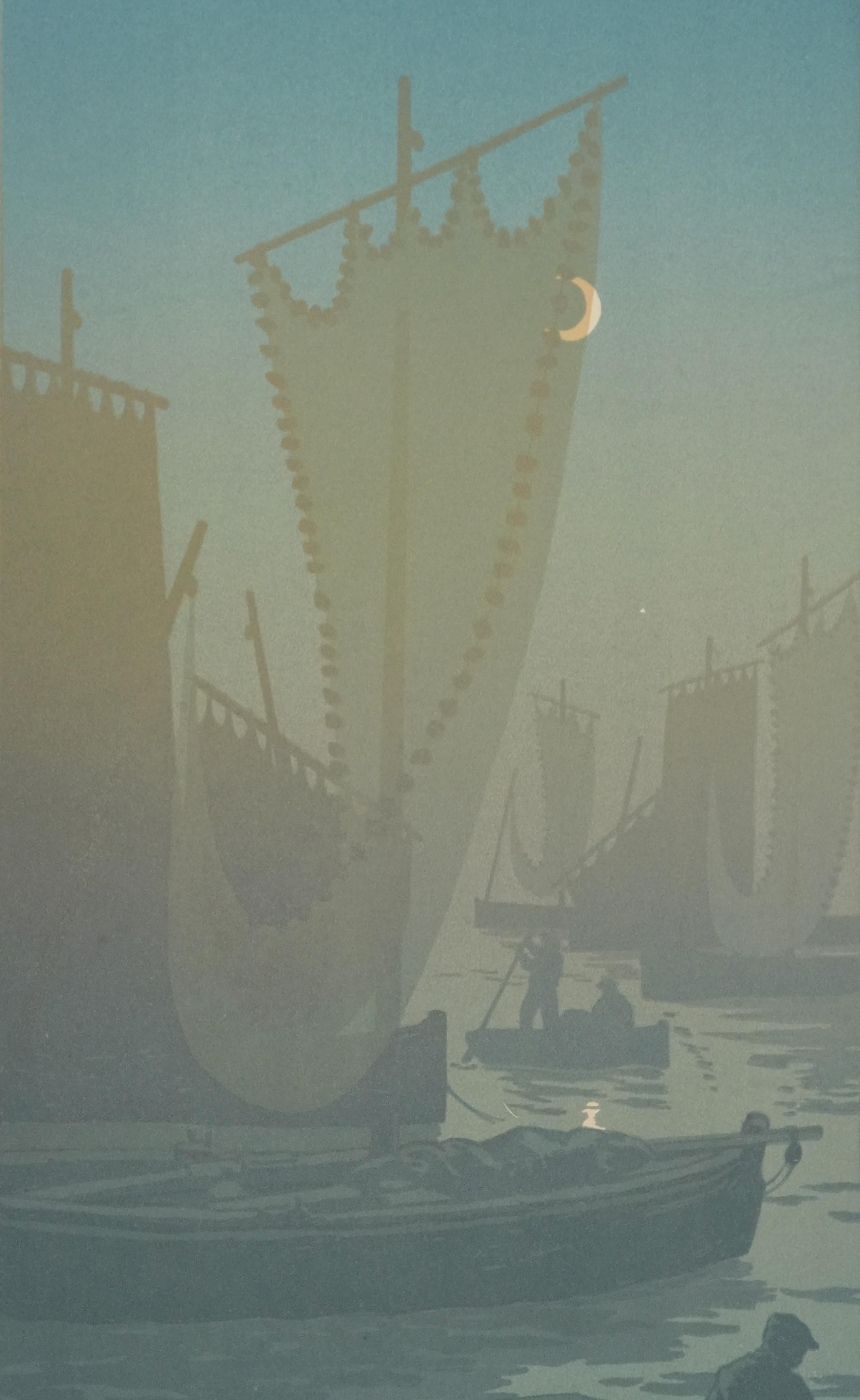Jugendstil : Segelboote mit erstem Viertelmond - Original-Lithographie (Art déco), Print, von Henri Riviere