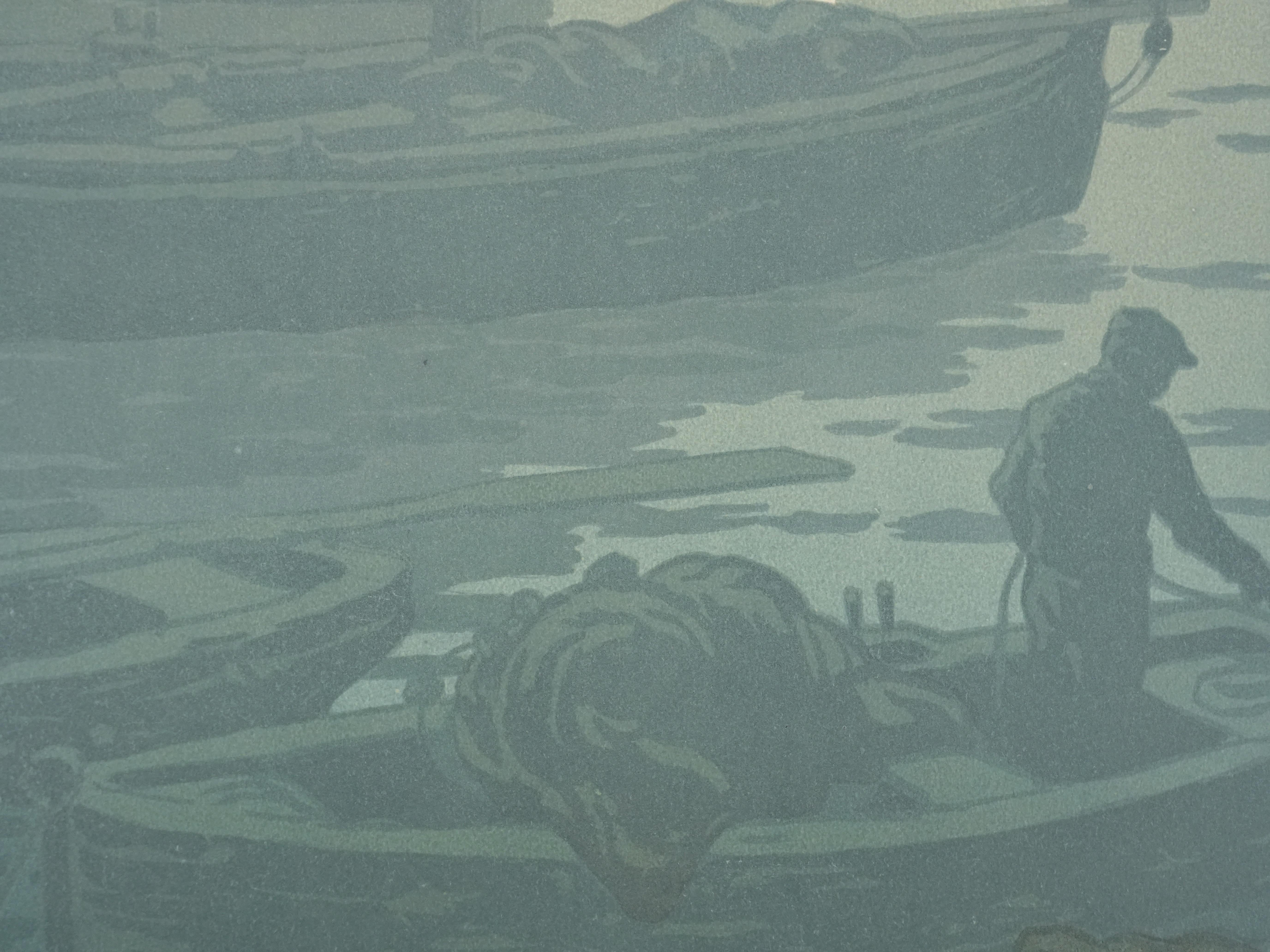 Jugendstil : Segelboote mit erstem Viertelmond - Original-Lithographie im Angebot 1