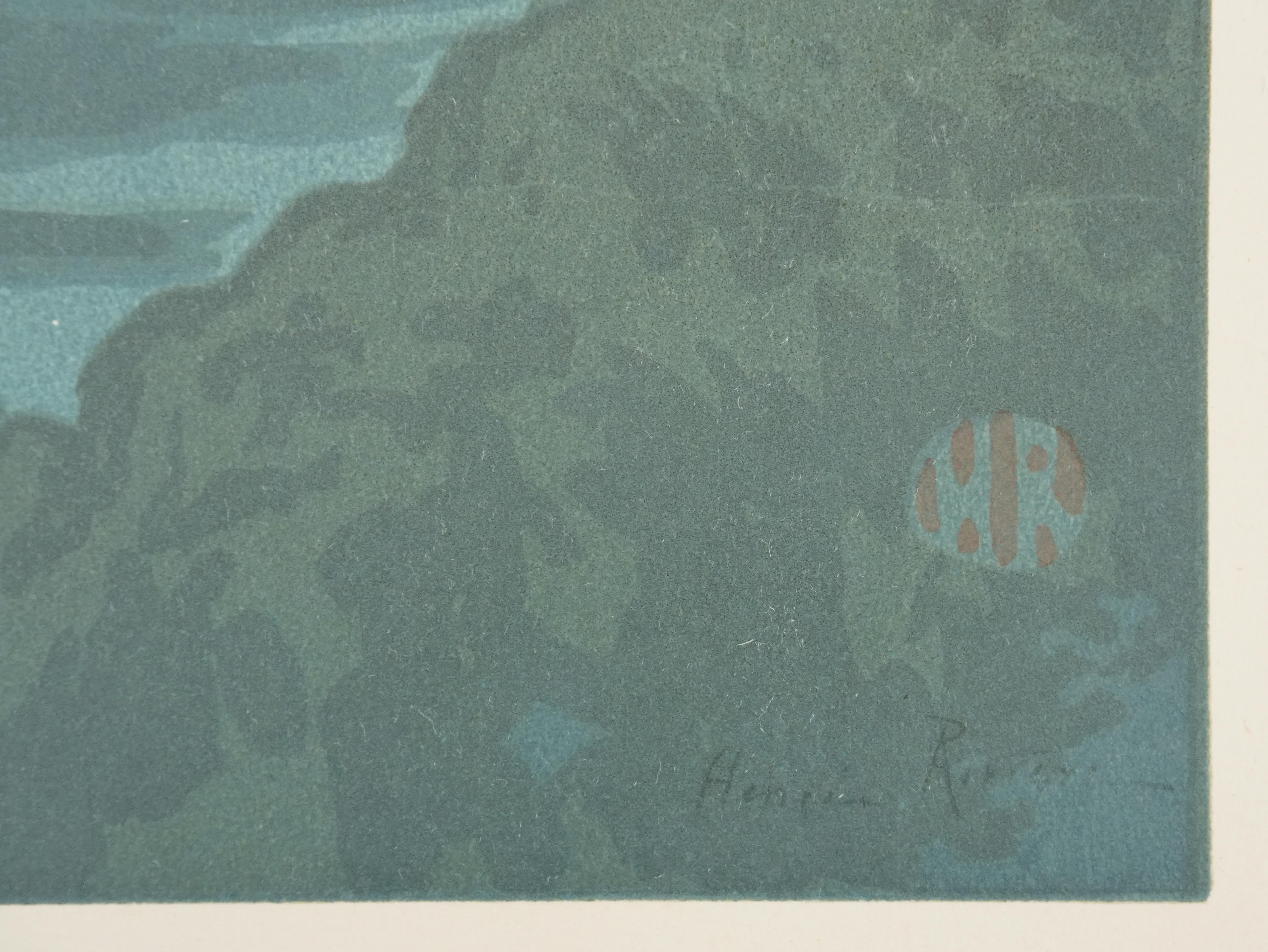 Jugendstil : Segelboote mit erstem Viertelmond - Original-Lithographie im Angebot 2
