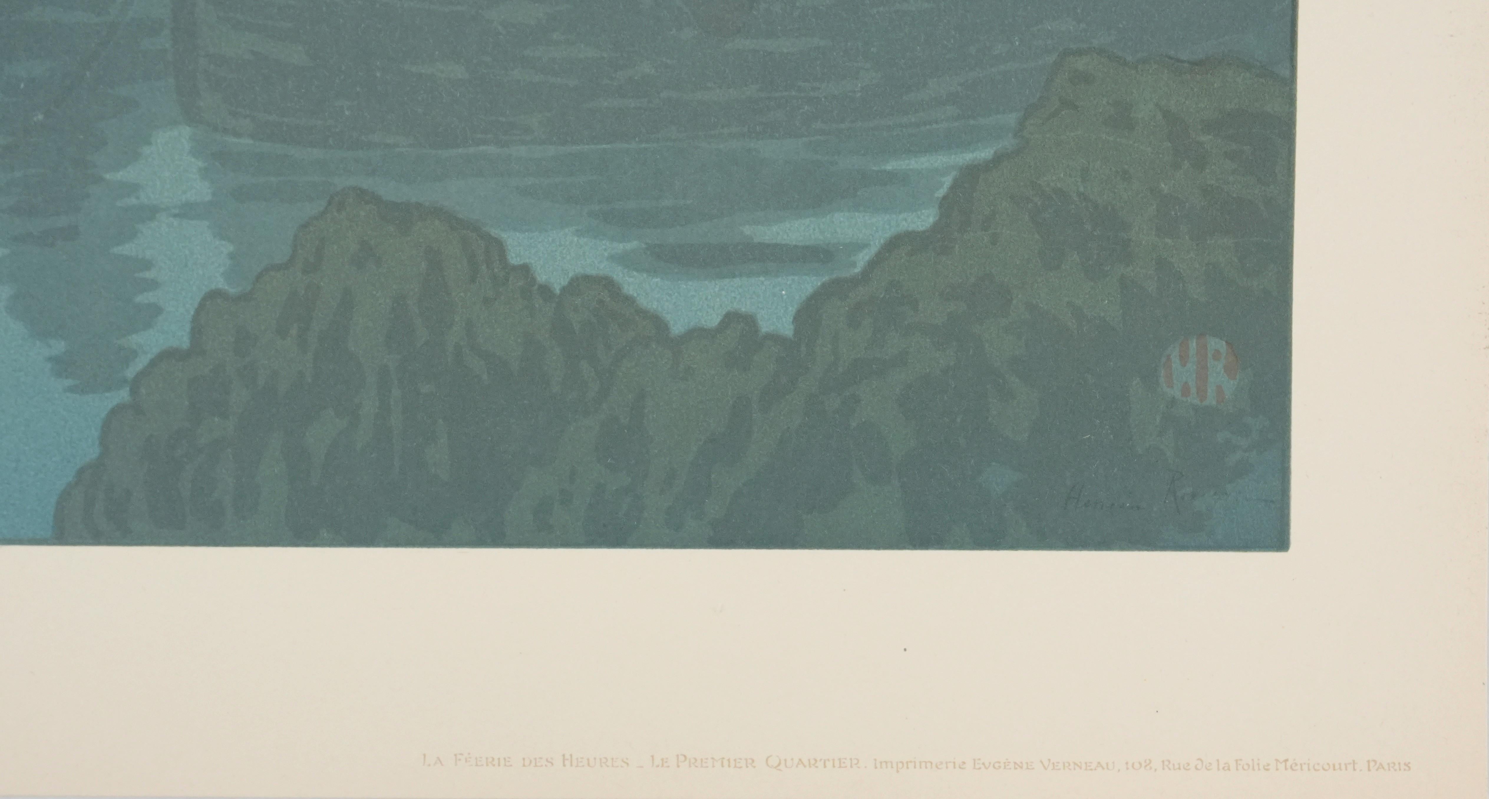 Jugendstil : Segelboote mit erstem Viertelmond - Original-Lithographie im Angebot 3