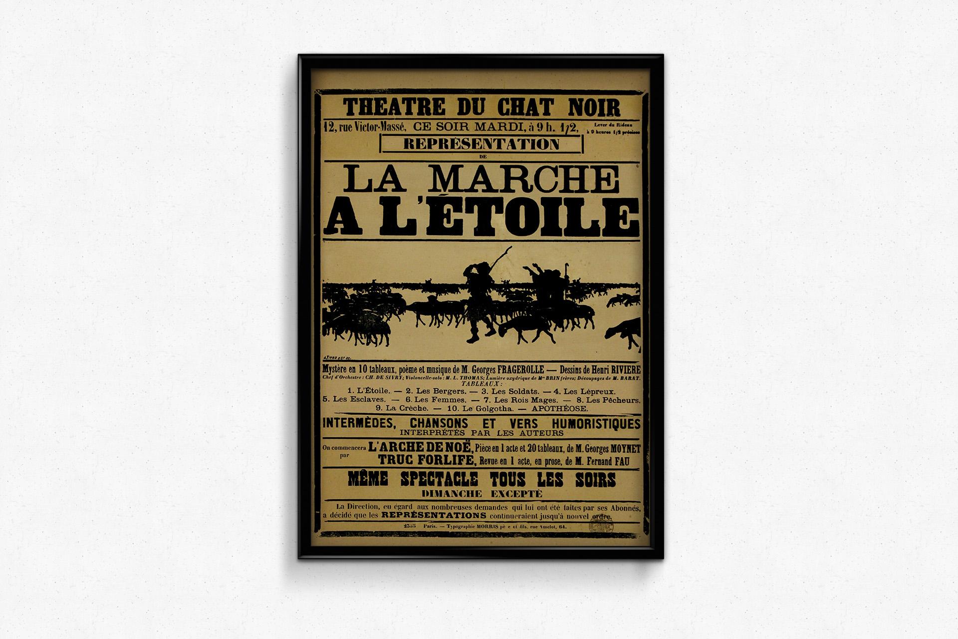 Dieses seltene Plakat von ca. 1895 fängt die mystische Energie von La Marche à l'Étoile ein, einem der berühmten Schattenspiele, die im legendären Théâtre du Chat Noir in Paris aufgeführt wurden. Das von Henri Rivière - bekannt für seine