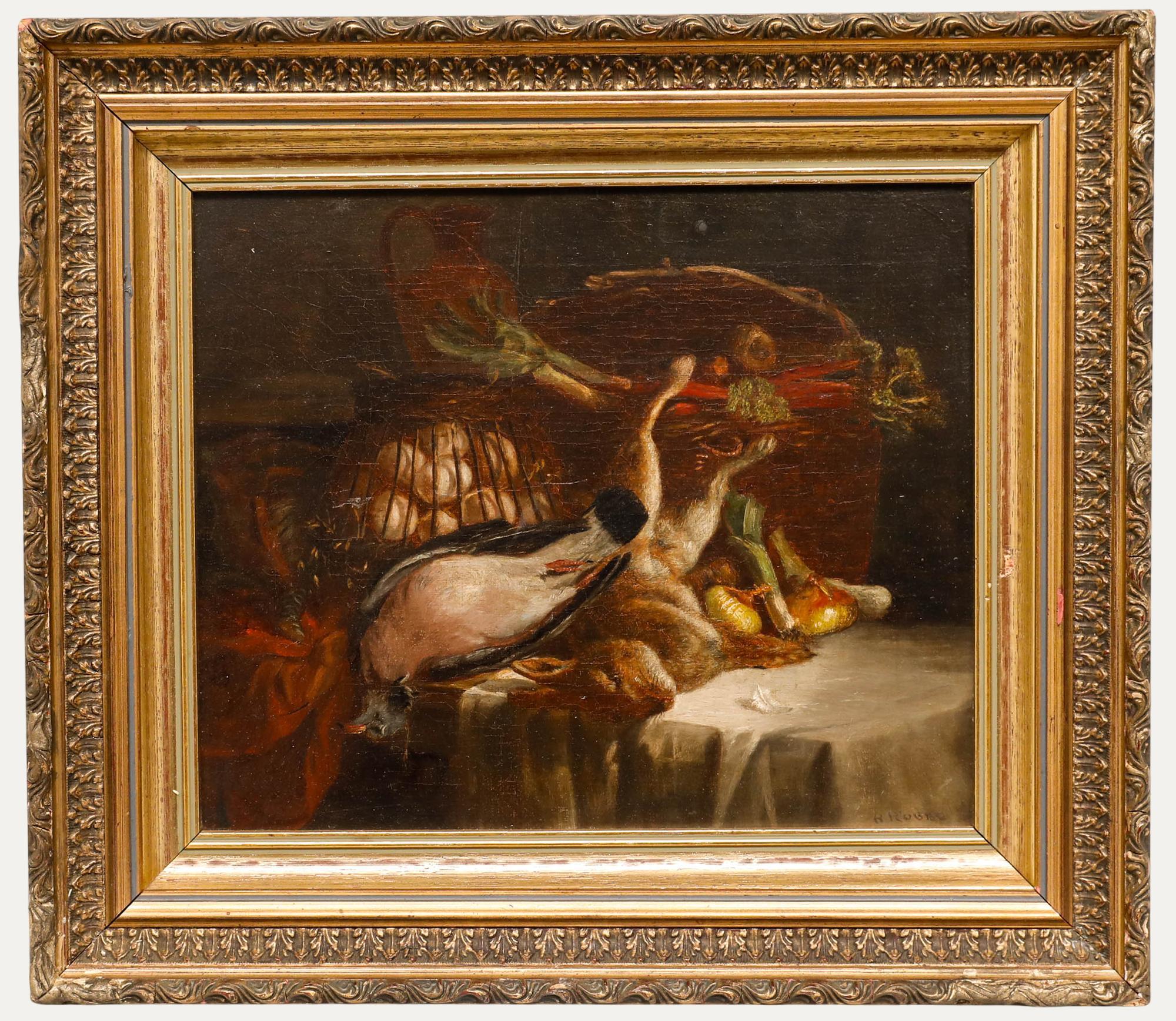 This still life painting depicts an abundant hunting scene with various game birds and fowl arranged on and around a table, including what appear to be ducks, rabbits, and other prey spilling from woven baskets. The composition employs dramatic
