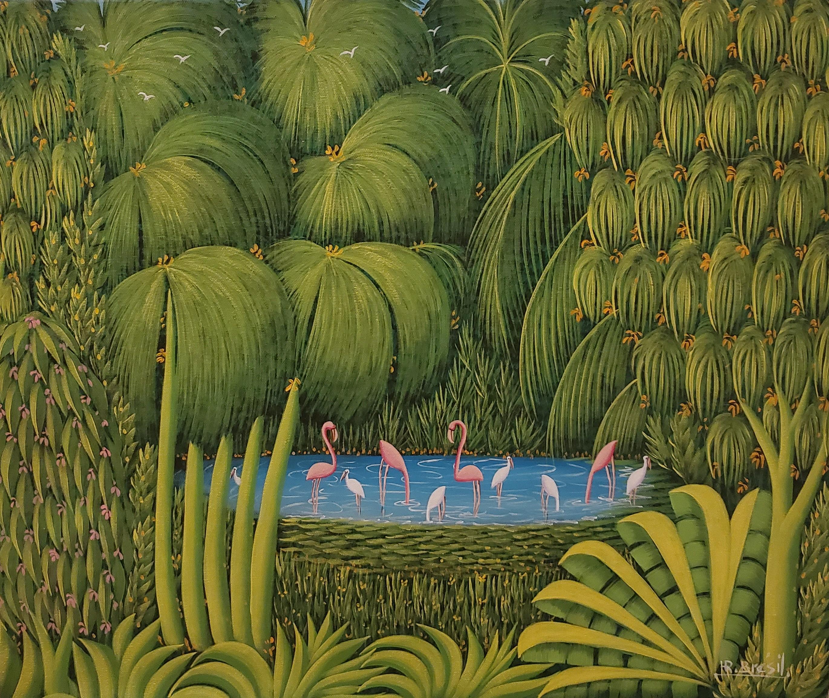 Henri-Robert Bresil Animal Painting - Flamingos