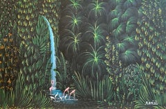 “Flamingo’s in a Lush Jungle Waterfall”