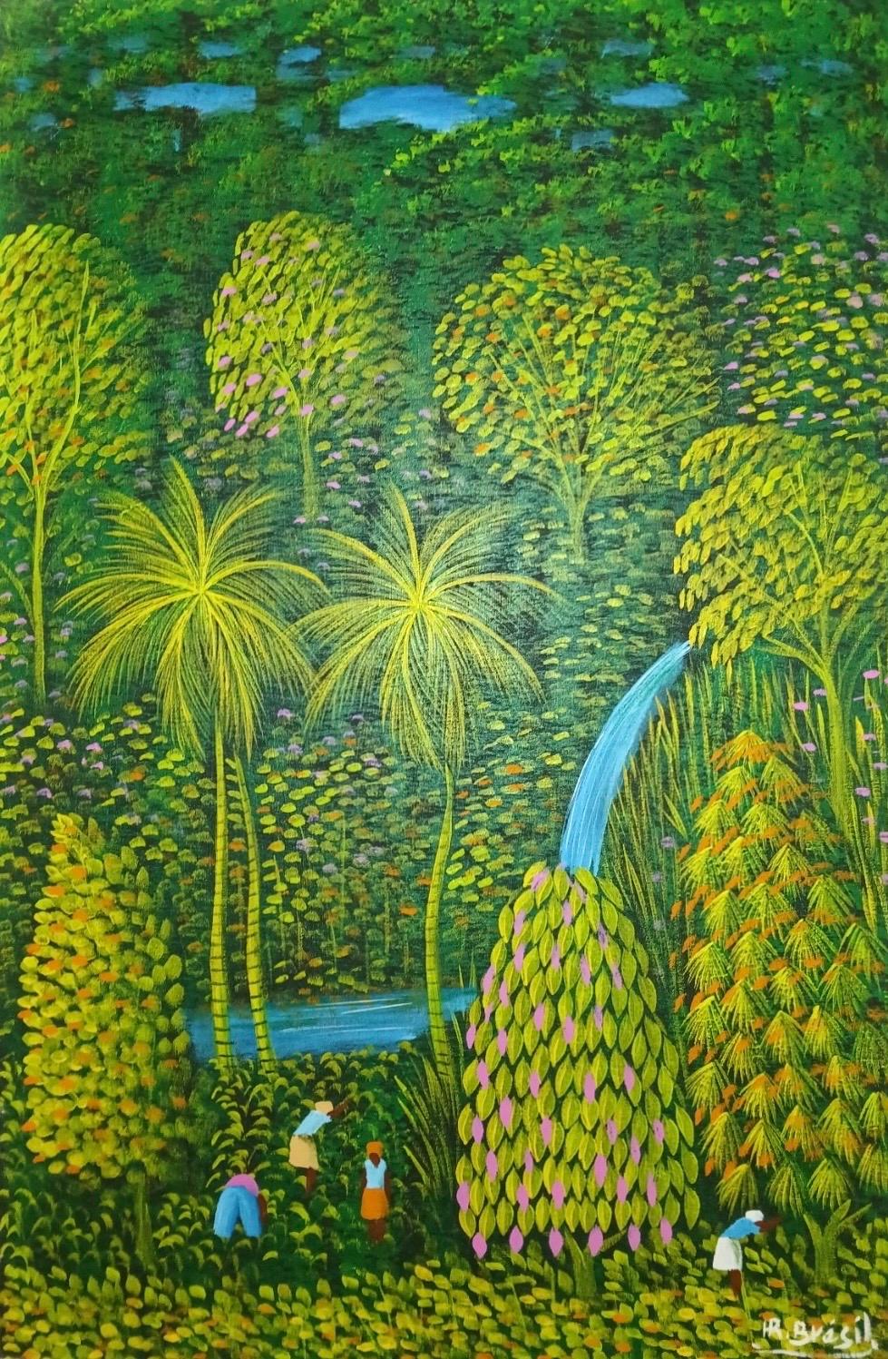Henri-Robert Bresil Landscape Painting - “Jungle Waterfall with Figures”