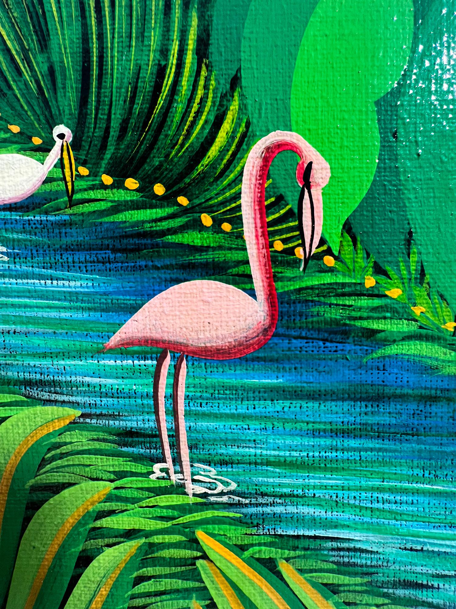 Le Paradis - Paradise, Topical Verdant  Fantasy Landscape with Flamingos Egrets 1