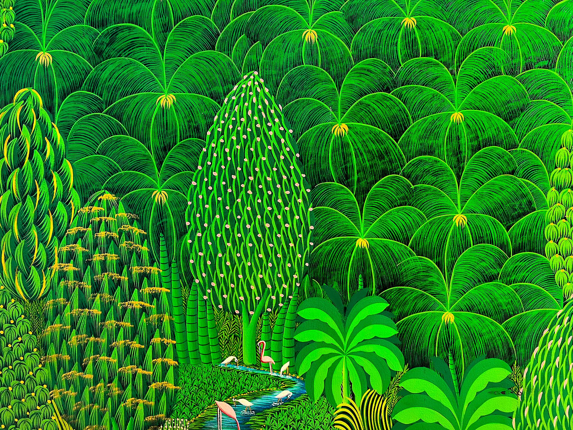Das Paradies wurde gefunden und befindet sich vor dem geistigen Auge des haitianischen Malers Henri-Robert Bresil.  Seine stilisierten Darstellungen einer grünen, von Paradiesvögeln bevölkerten Welt... Rosa Flamingos und weiße Reiher laden den