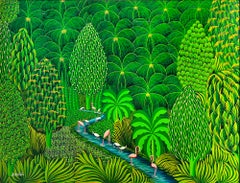 Le Paradis - Paradise, Topical Verdant  Fantasy Landscape with Flamingos Egrets