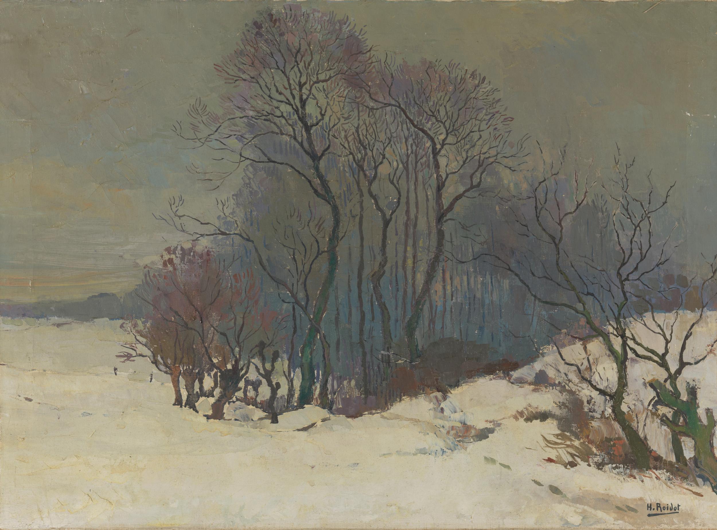 French Henri Roidot, Winter Landscape of Trees in the Snow, Oil on Canvas