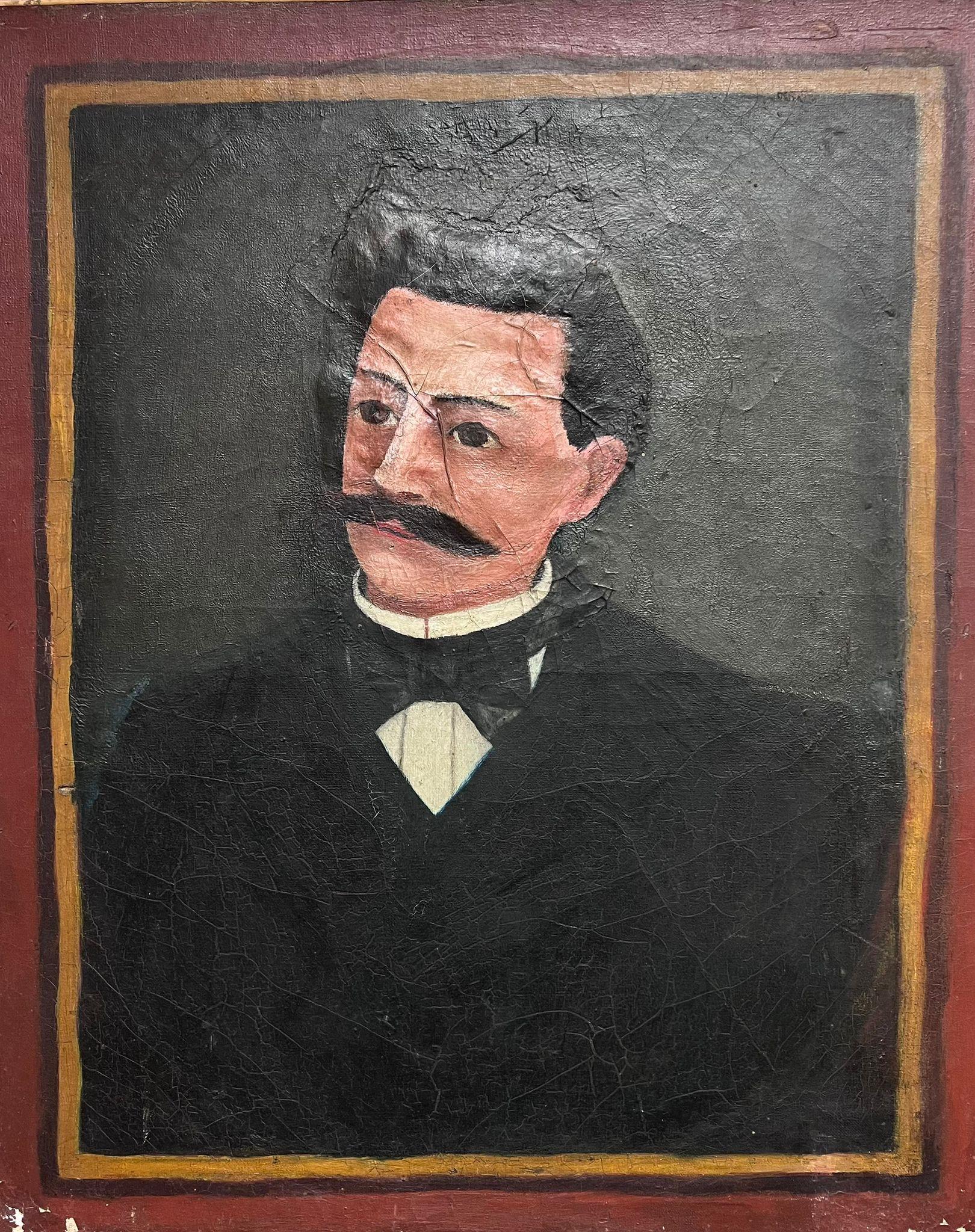 19th Century French Naive Portrait of Gentleman with Moustache Oil Painting - Black Portrait Painting by Henri Rousseau 1844 - 1910