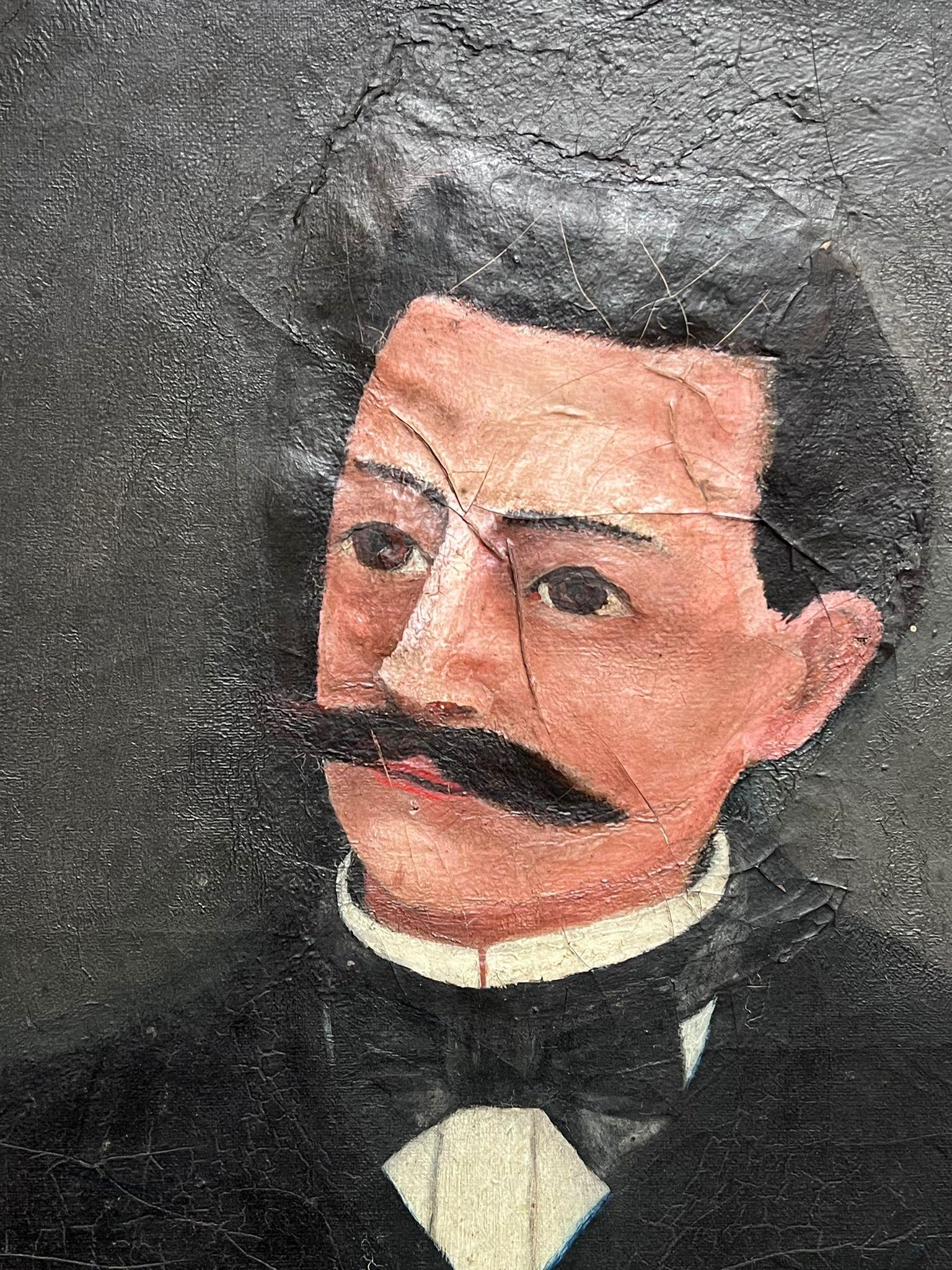 19th Century French Naive Portrait of Gentleman with Moustache Oil Painting For Sale 2