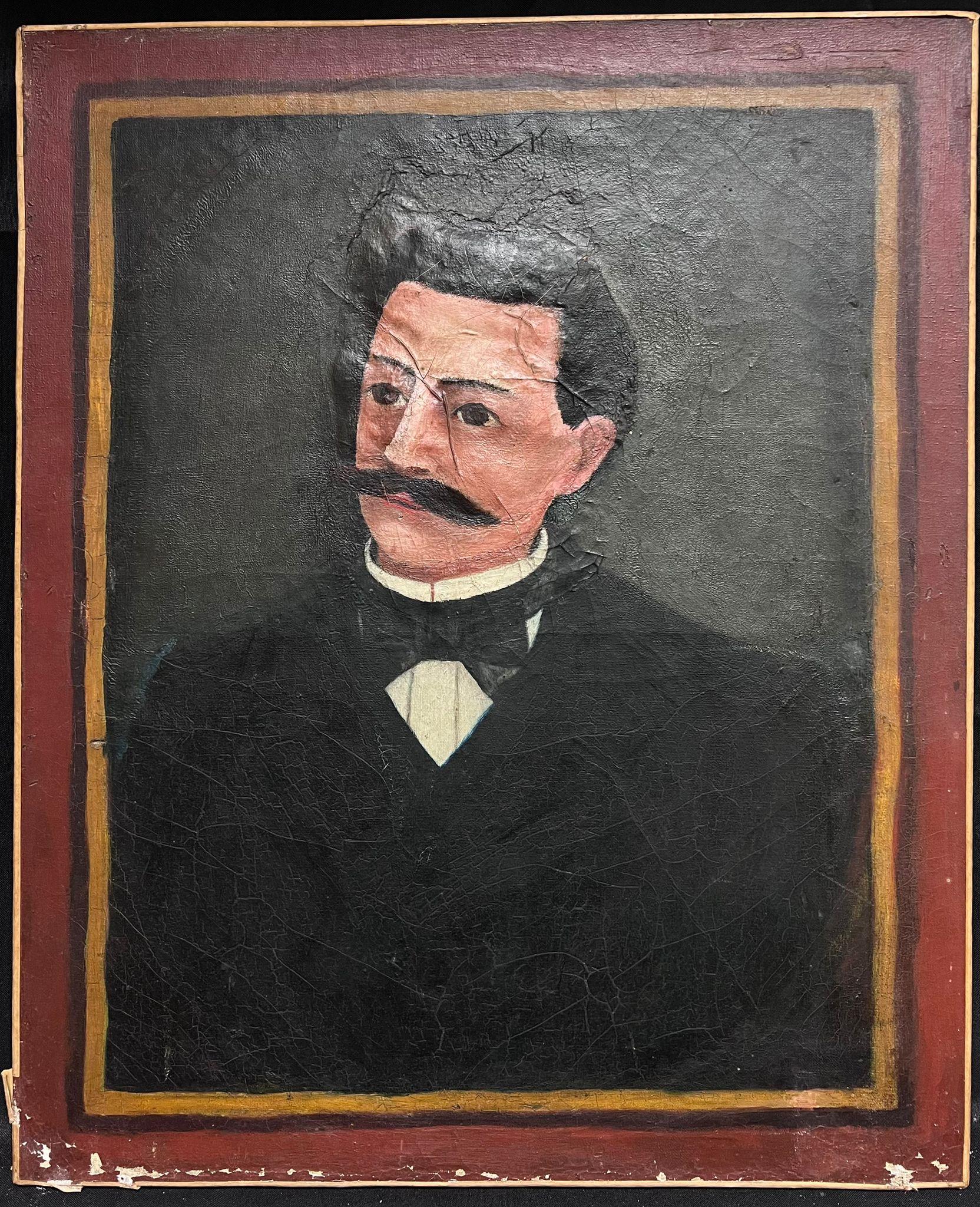 Französisches naives Porträt eines Gentleman des 19. Jahrhunderts mit Moustache, Ölgemälde