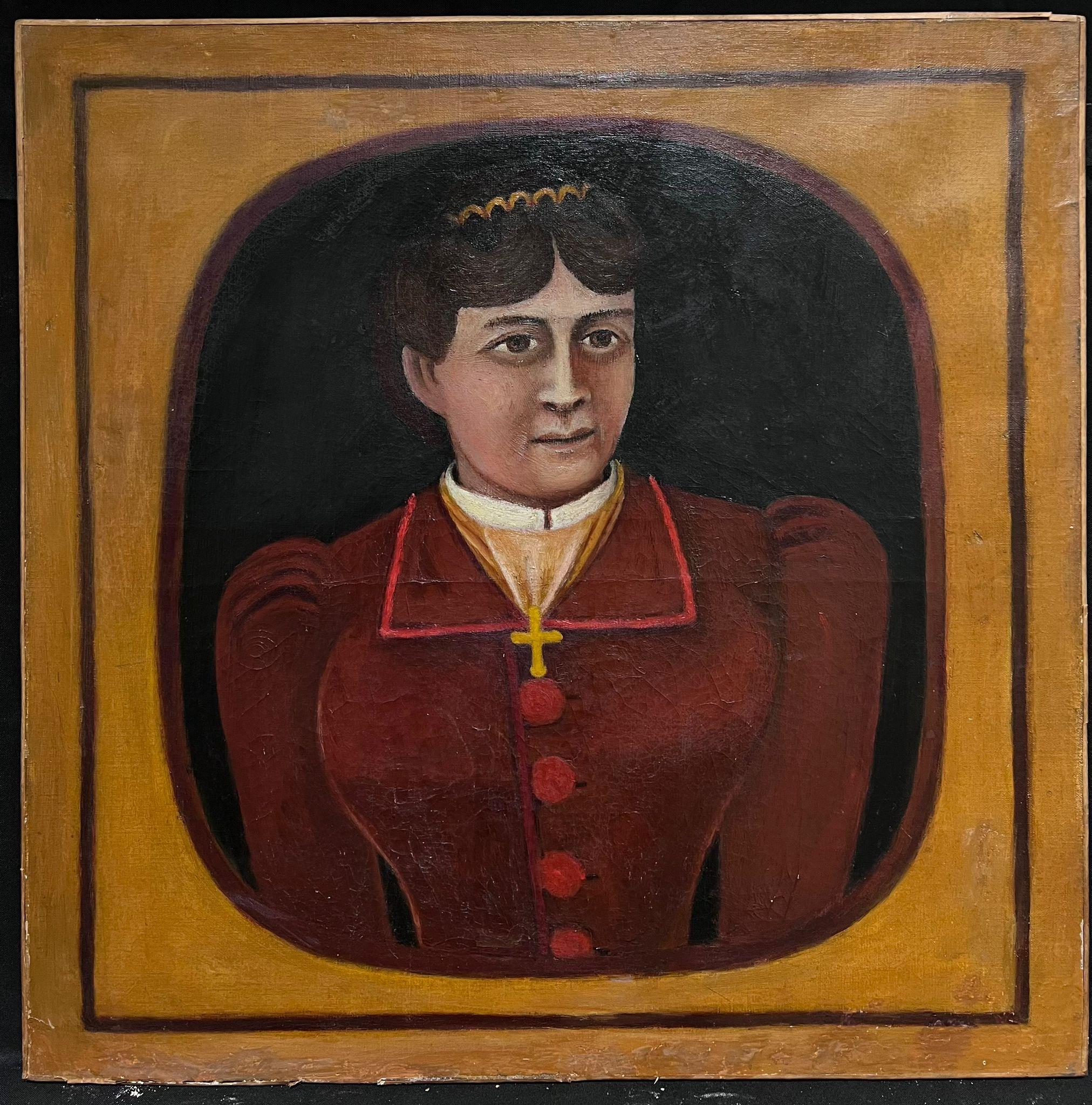 19th Century French Naive Portrait of Lady Large Oil Painting on Canvas - Brown Figurative Painting by Henri Rousseau