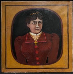 19th Century French Naive Portrait of Lady Large Oil Painting on Canvas