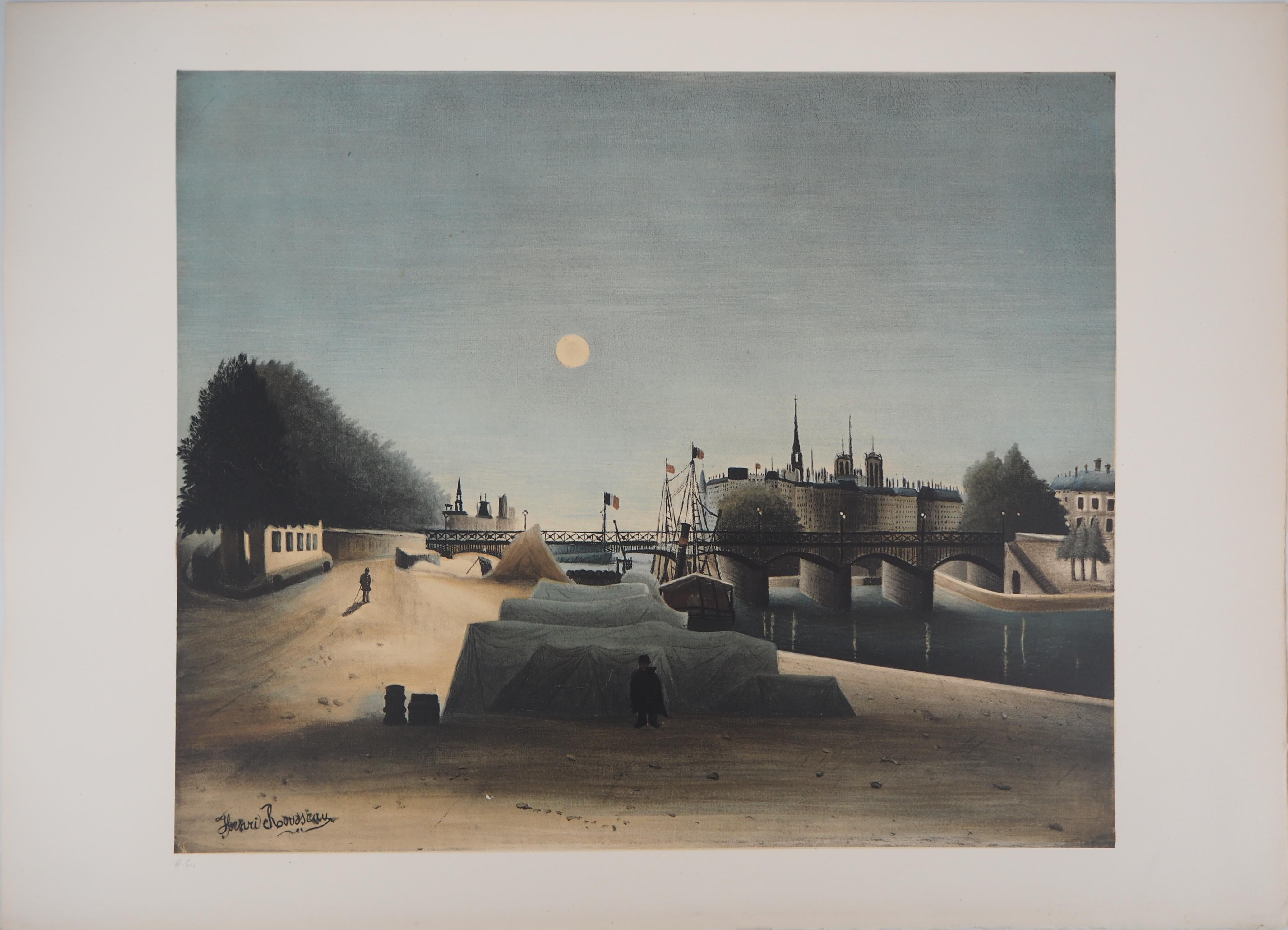 París : Río Sena e Iglesia de Notre Dame - Litografía Stone - Print Posimpresionista de Henri Rousseau