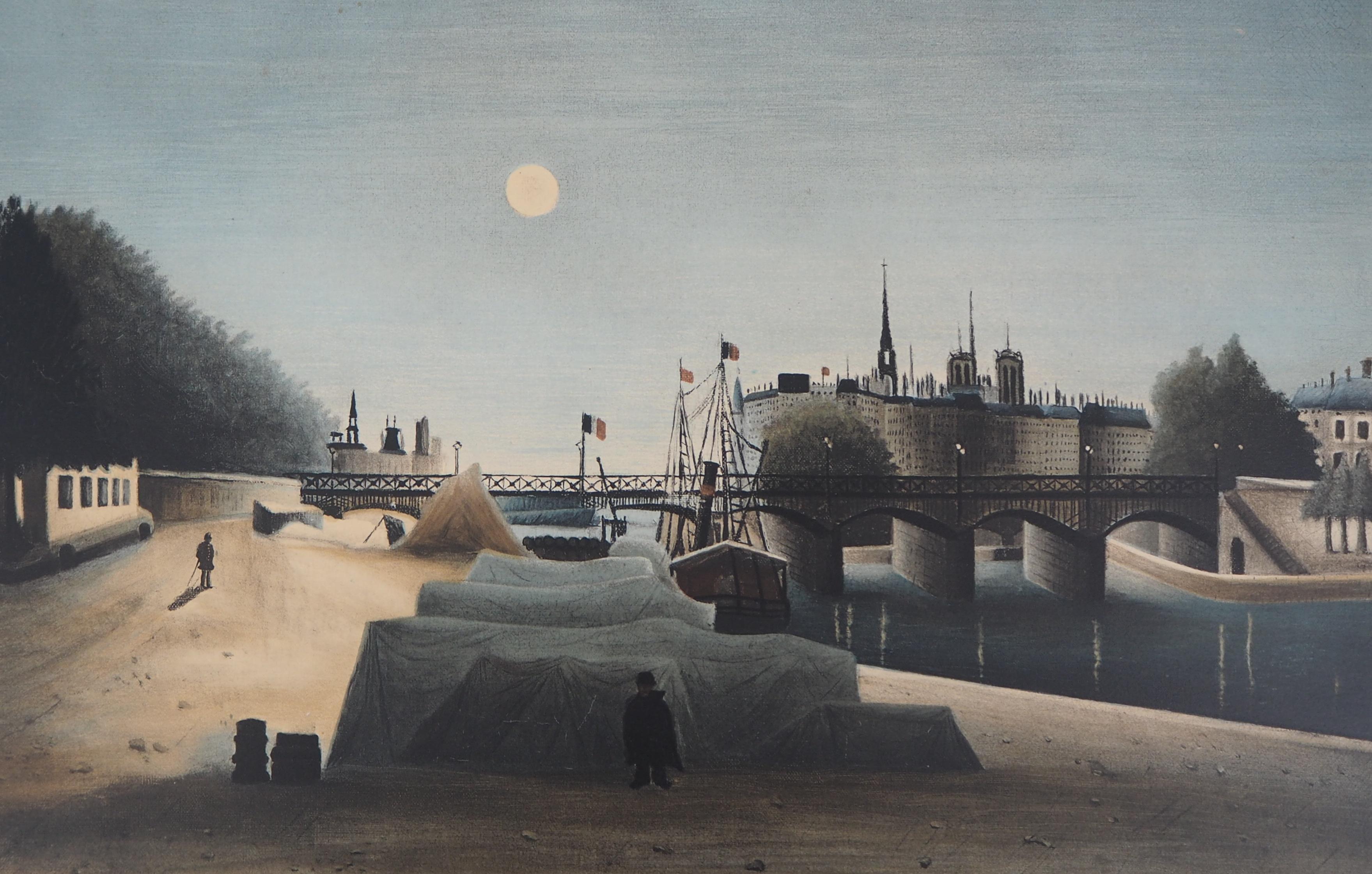 Paris : Seine River and Notre Dame Church - Stone Lithograph - Gray Landscape Print by Henri Rousseau