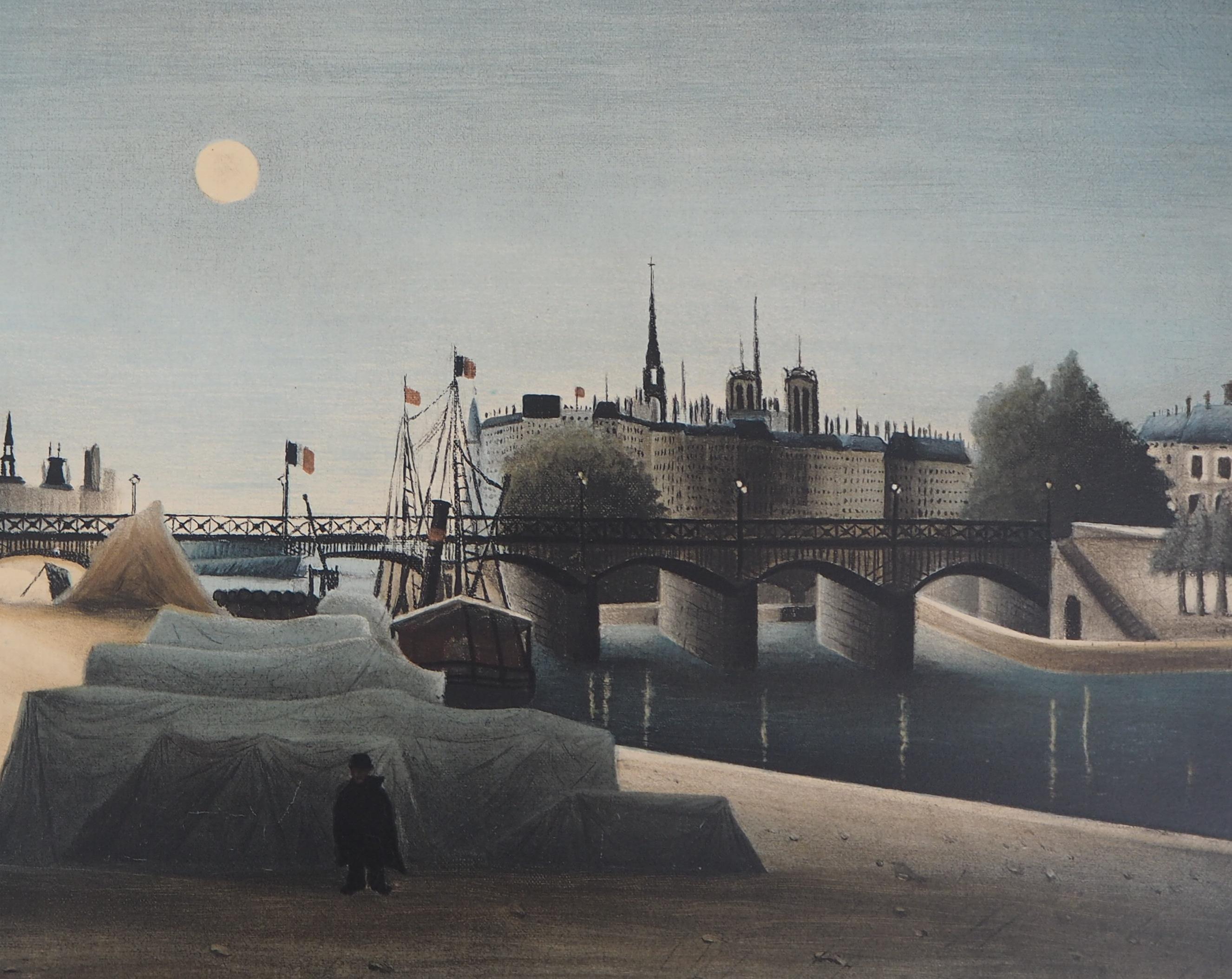 Paris : Seine River and Notre Dame Church - Stone Lithograph - Gray Landscape Print by Henri Rousseau