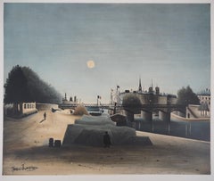 Paris : Seine River and Notre Dame Church - Stone Lithograph