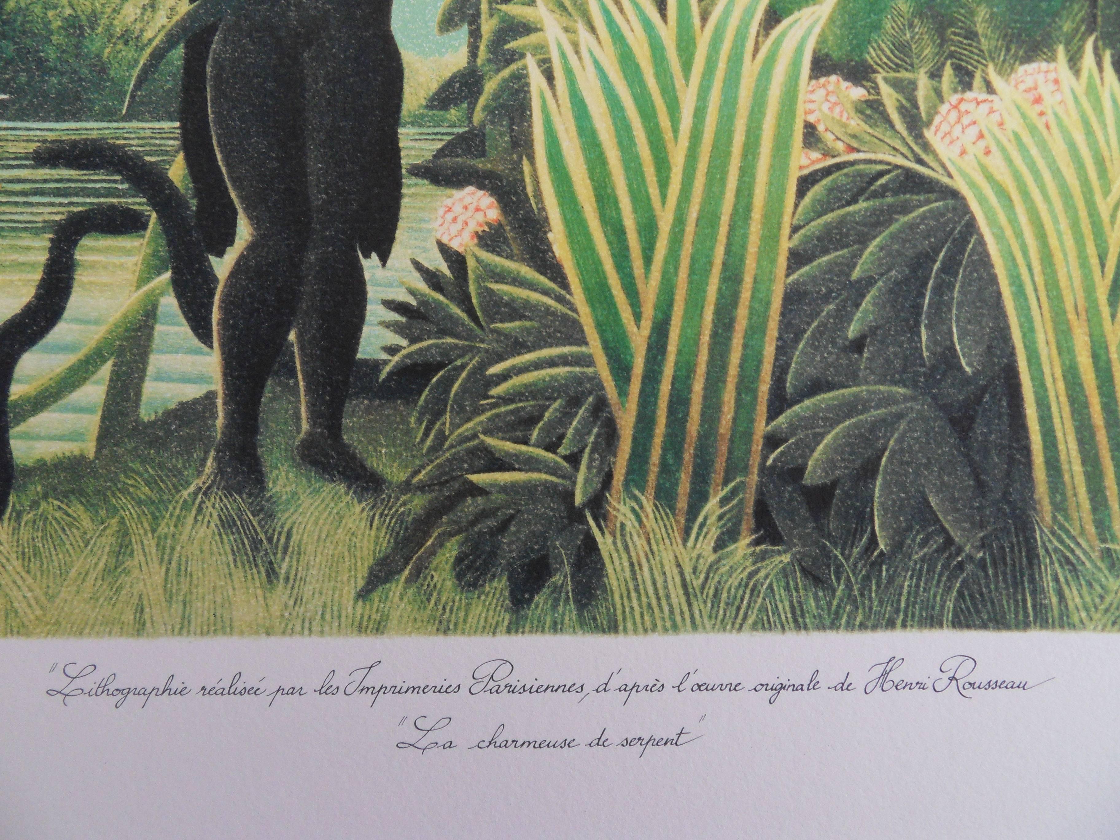 Henri ROUSSEAU (genannt Le Douanier ROUSSEAU) (nach)
Der Schlangenbeschwörer

Steinlithographie nach einem Gemälde
Gedruckte Unterschrift auf der Platte
Nummeriert /300 Exemplare
Auf Vellum 57 x 75 cm (ca. 23 x 30i n)

Information : Diese