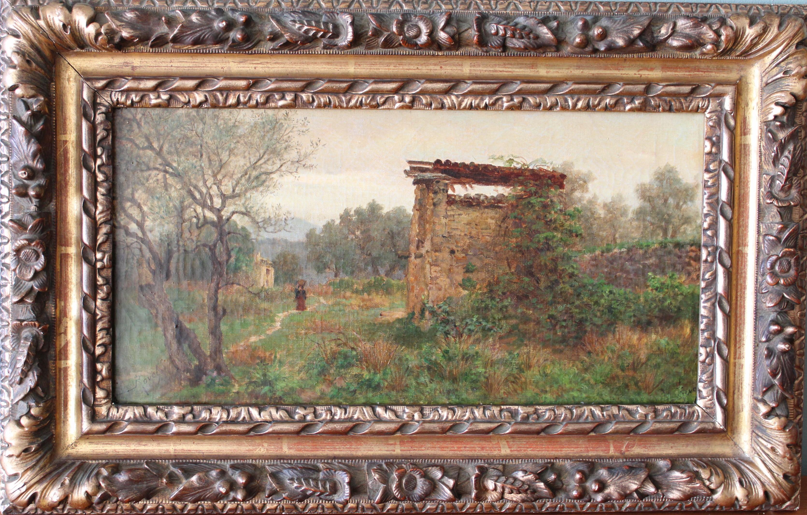 Antique French landscape by French artist, Henri Rovel (1849-1926) signed in the lower left and dated 1900 in its original gilt frame.  This is an atmospheric Barbizon oil on canvas of the  French countryside and blue mountains beyond.   A woman