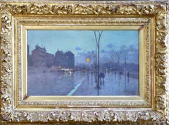 Paris - La Nuit - 19th Century Oil, Figures in Cityscape at Night by Henri Royet