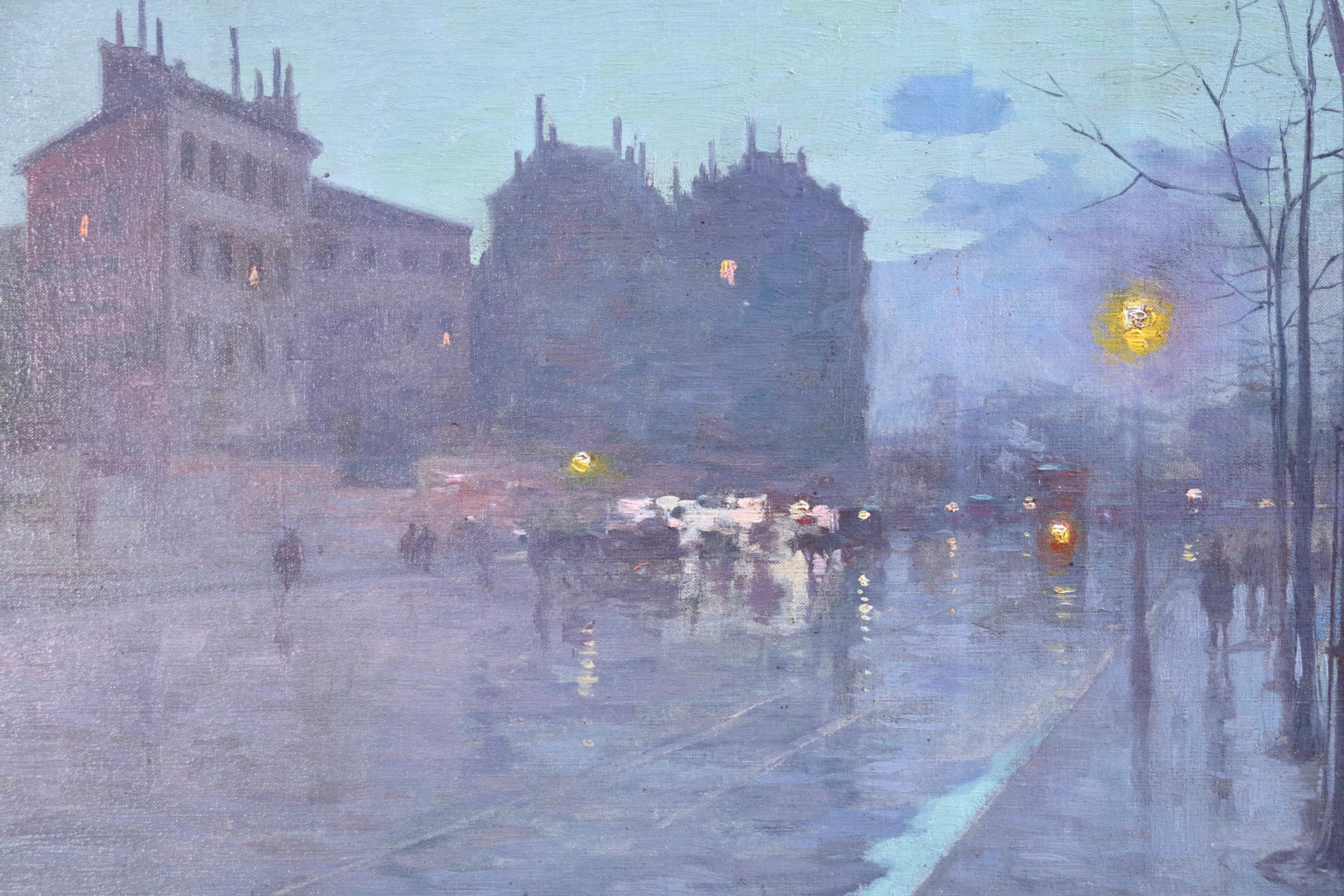 A wonderful piece depicting a street scene on a rainy evening in Paris. Oil on original canvas circa 1885. Signed lower right. Framed dimensions are 26 inches high by 36 inches wide.

Provenance:

Exhibition number 190 verso