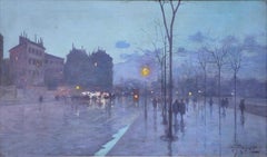 Paris - La Nuit - 19th Century Oil, Figures in Cityscape at Night by Henri Royet