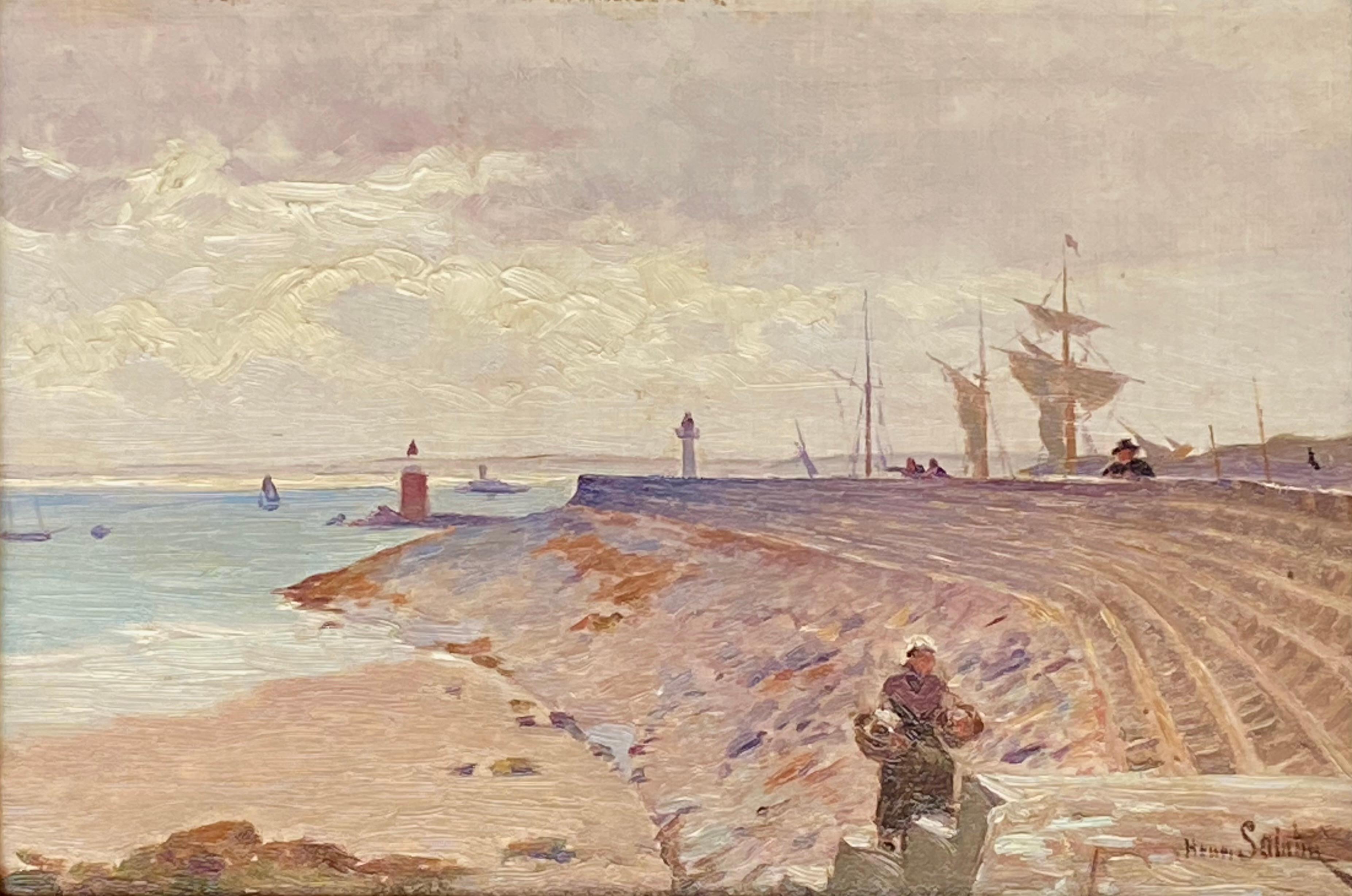 Schönes Gemälde des bekannten französischen Künstlers mit Figuren und Schiffen entlang der französischen Küste und des Piers,  Henri Saintin.  Signiert unten rechts. Öl auf Holzplatte. Künstler-Wachssiegel verso. Der Zustand ist ausgezeichnet.  Das