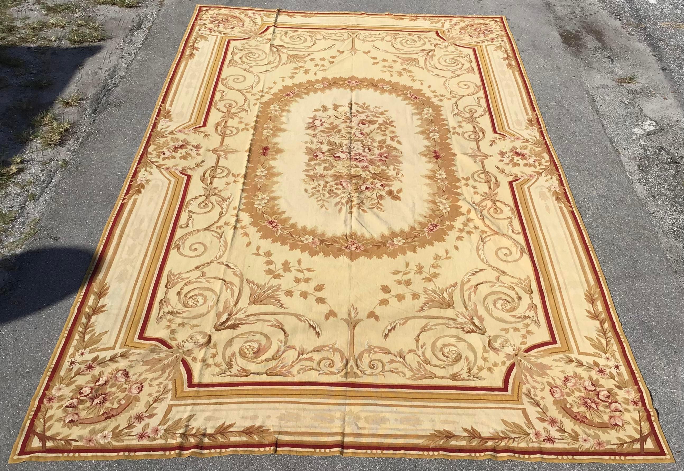 Gorgeous French Aubusson Needlepoint large carpet in the style of the iconic French designer Henri Samuel. Add some real glamour to your residence withe this very well made French Aubusson.
