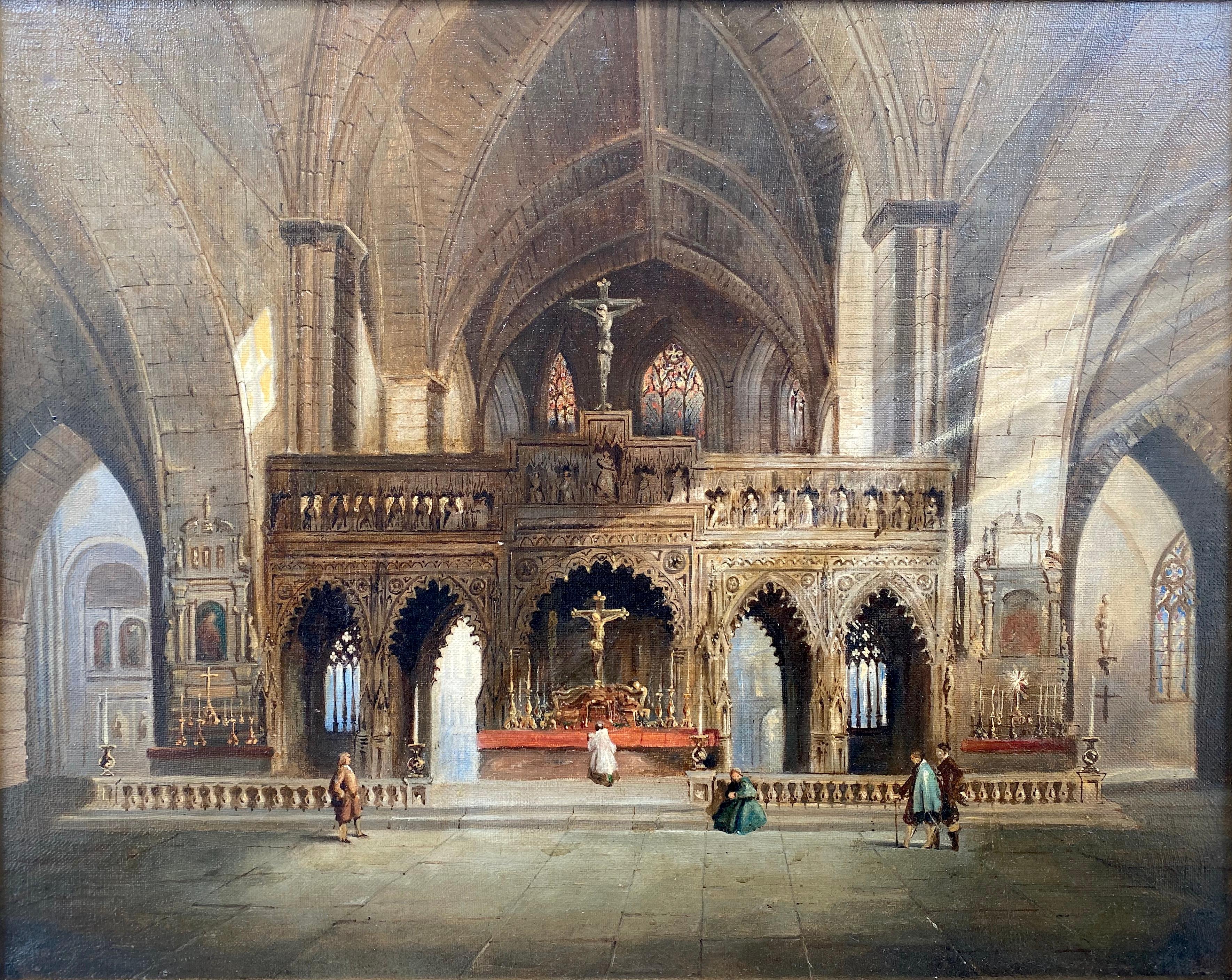 Light flooded cathedral interior, gothic architecture, stained glass windows - Painting by Henri Schäfer