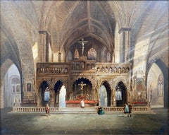 Light flooded cathedral interior, gothic architecture, stained glass windows