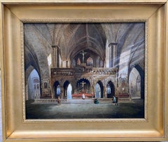 Intérieur de cathédrale inondé, architecture gothique, vitraux