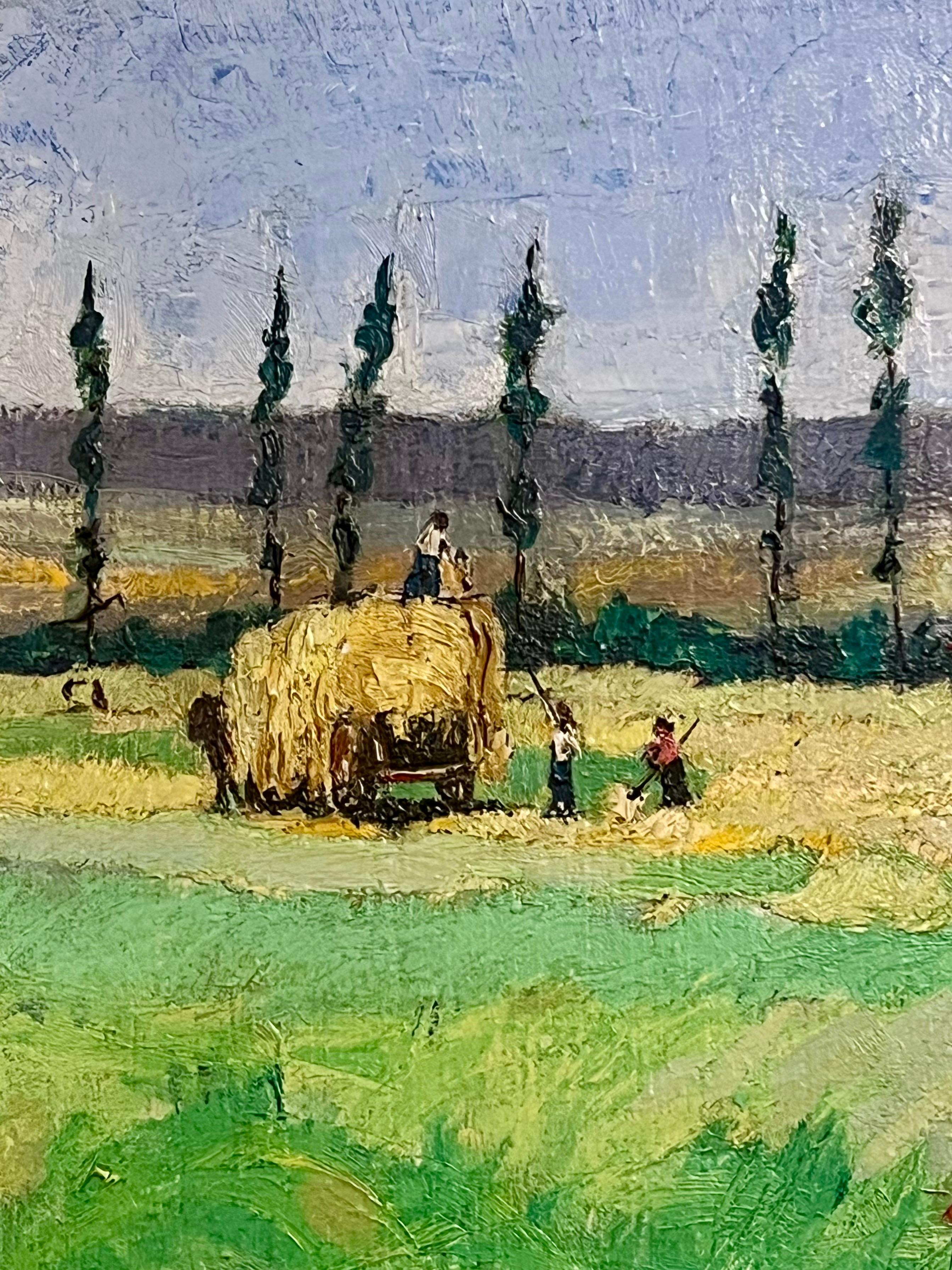 Óleo Impresionista Francés Firmado Trabajadores de la Cosecha Cargando un Carro de Heno en el Campo - Painting de Henri Schluck (1920-2007)